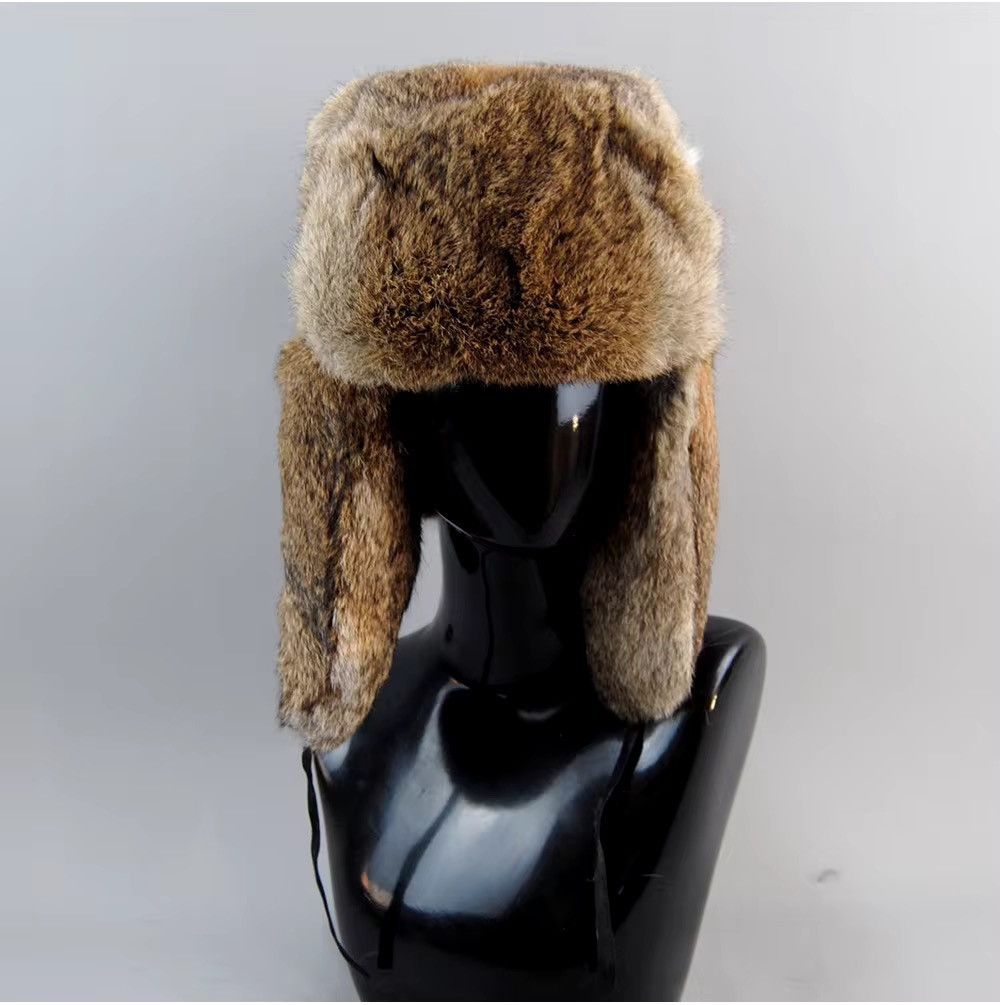 Designer Warm Natural Rabbit Fur Fluffy Hat With Earflaps Size ONE SIZE - 1 Thumbnail