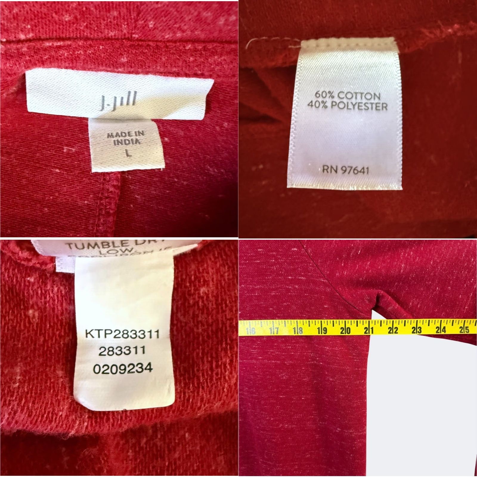 J. Jill VINTAGE J.jill Cowl-Neck Tunic Sweatshirt Red Long-Sleeve Pocket Pullover Women Large Size L / US 10 / IT 46 - 8 Thumbnail