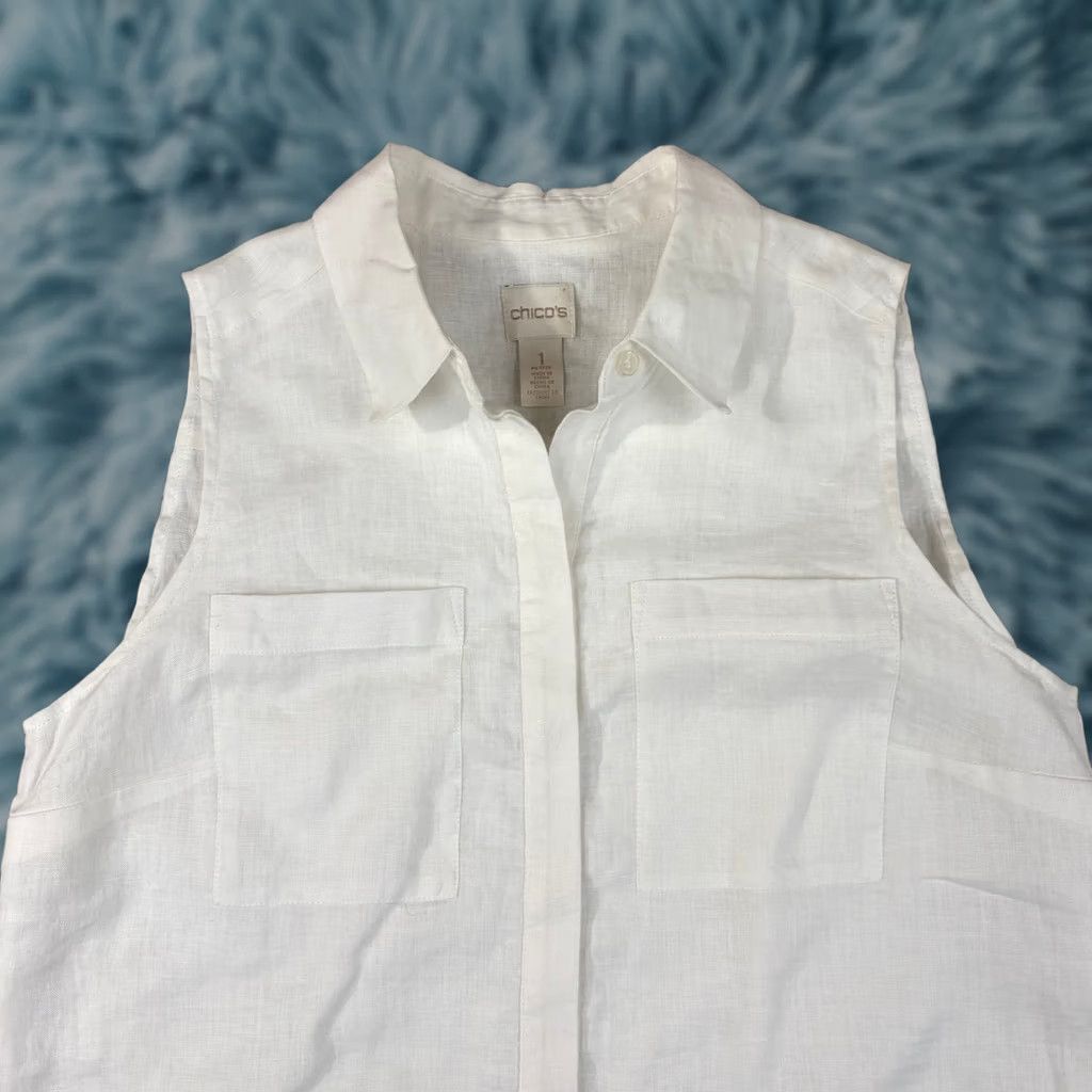 Vintage Chico's Sleeveless Linen Tunic Top White Button Front Pockets Petite 1 M 8P Womens Tunic Size M / US 6-8 / IT 42-44 - 1 Thumbnail