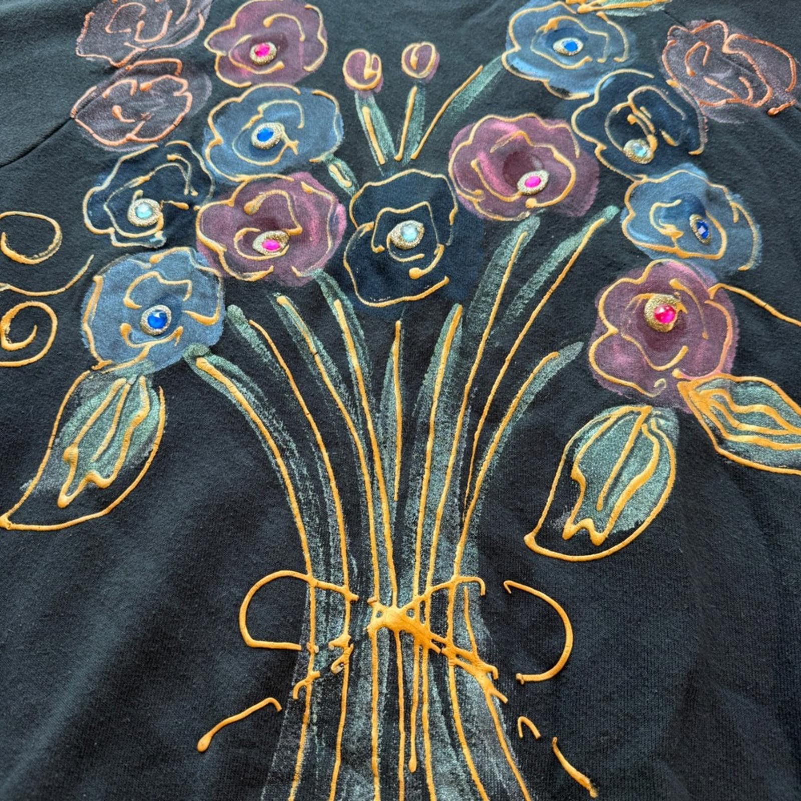 Other Vintage 80s Hand Painted Floral Paint Sweatshirt XL Black Size XL / US 12-14 / IT 48-50 - 4 Thumbnail
