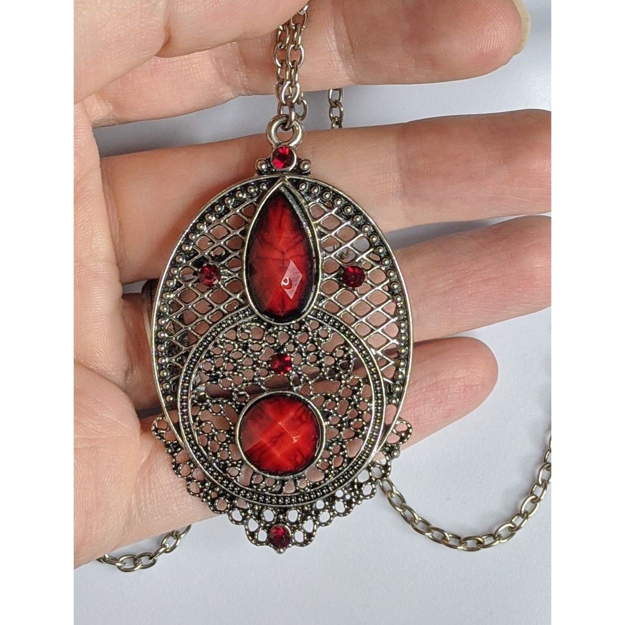 Other Gothic Oval Pendant Necklace With Red Faux Gemstones & Filig Size ONE SIZE - 9 Thumbnail