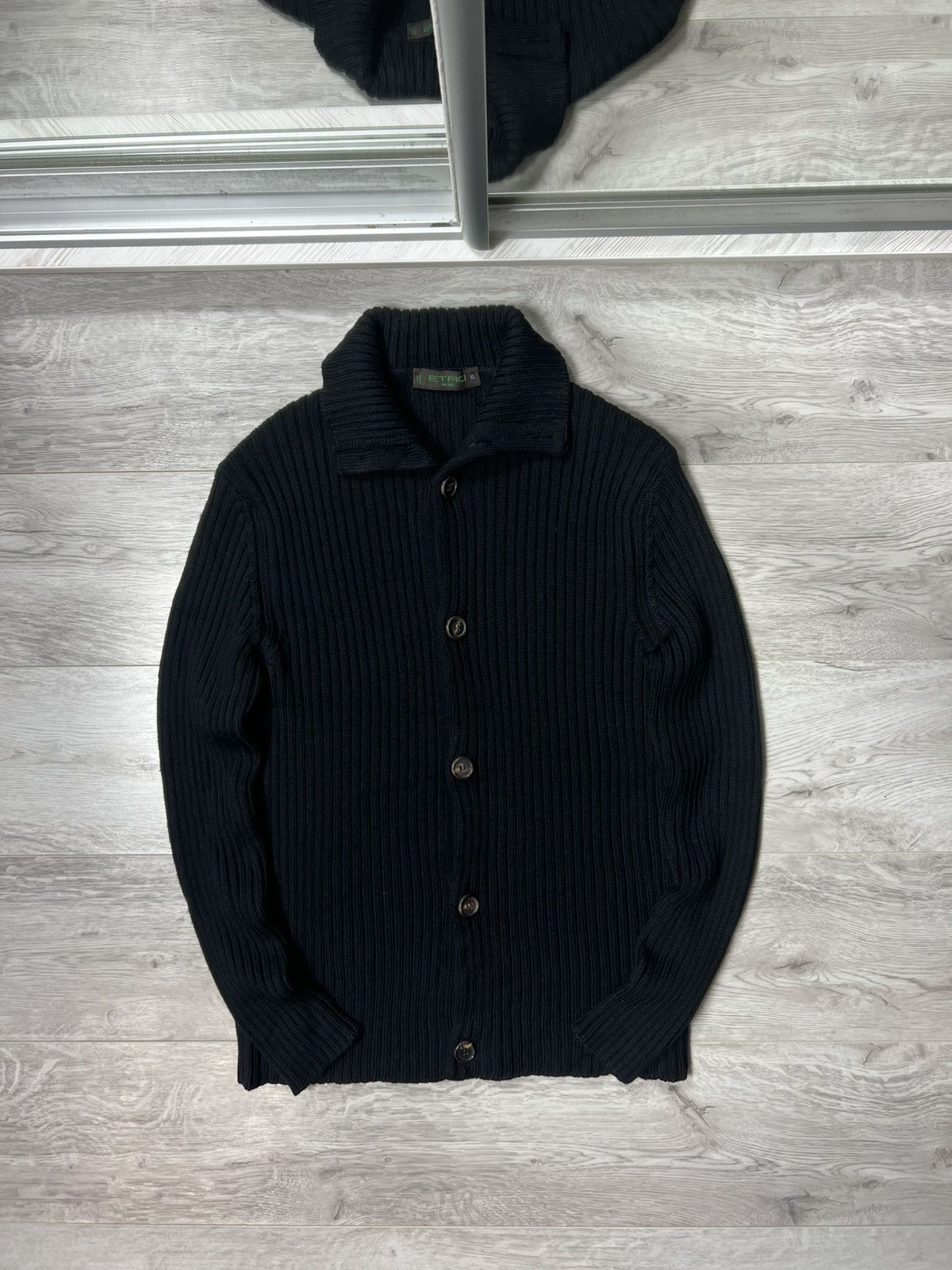 Etro Milano Ribbed Button Up Cardigan Sweater High Collar