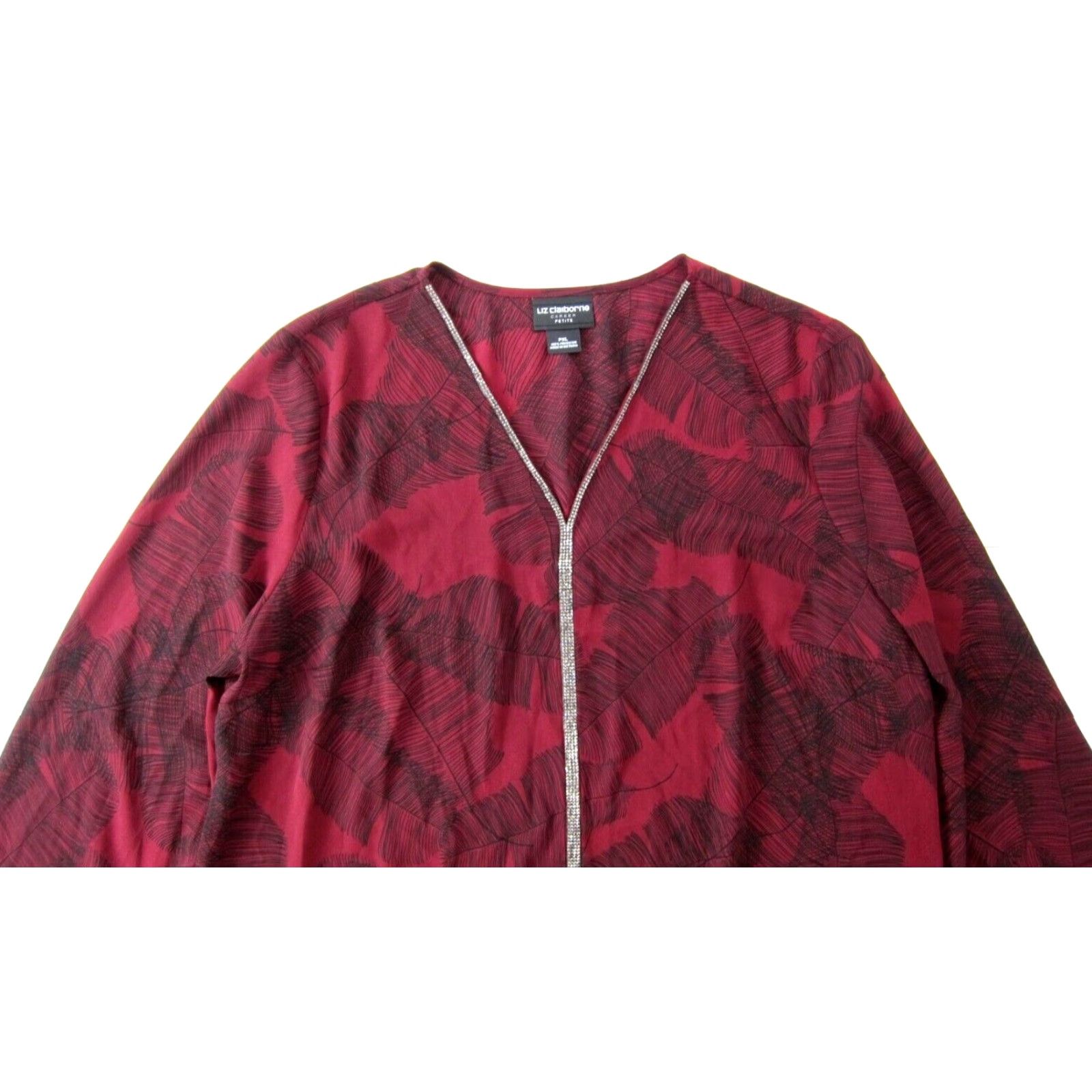 Liz Claiborne NWT Liz Claiborne Career Burgundy Red Feather Floral Beaded V-Neck Blouse PXL Size XL / US 12-14 / IT 48-50 - 5 Thumbnail