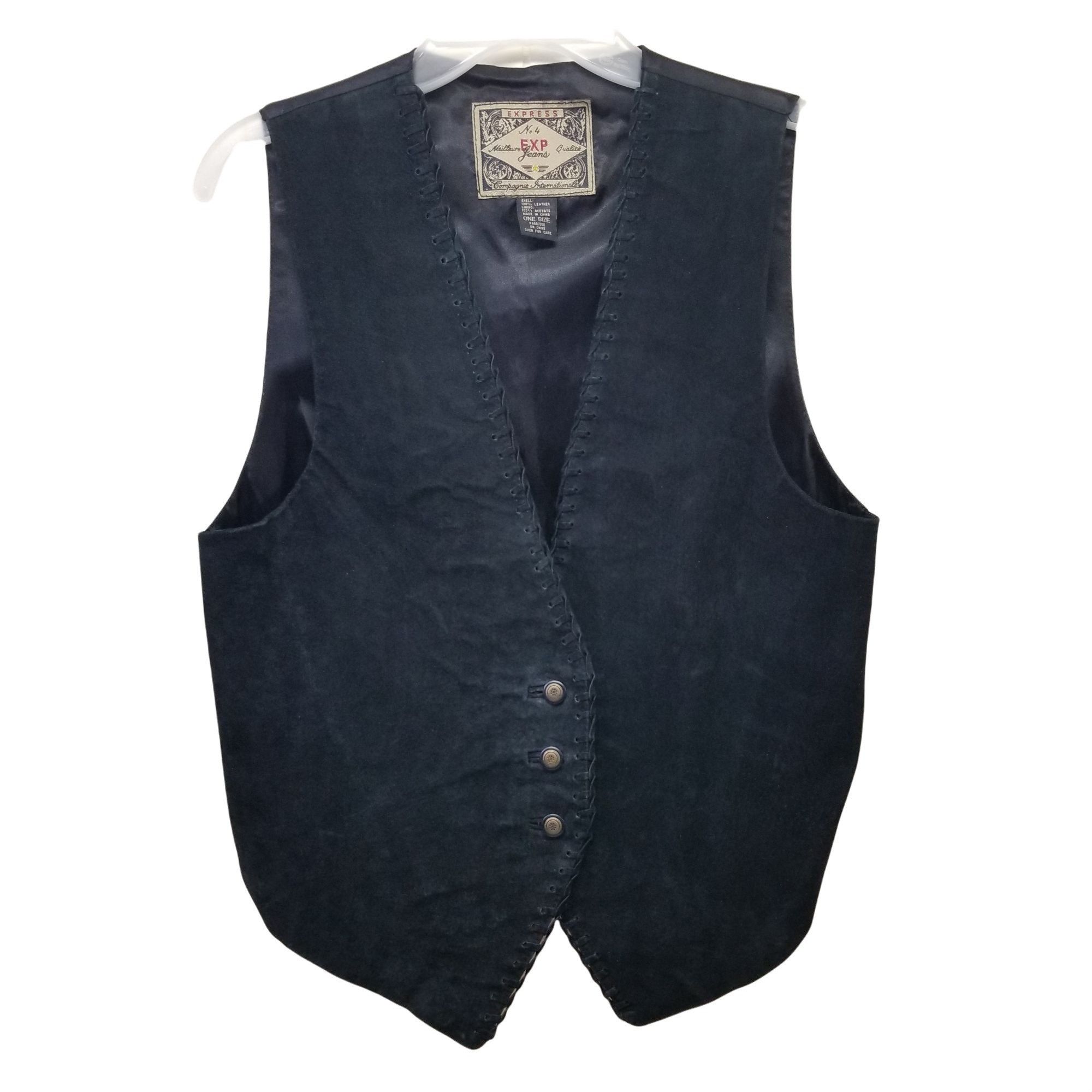 Express OS Vntage 90s Black Leather Vest Braided Trim Academ