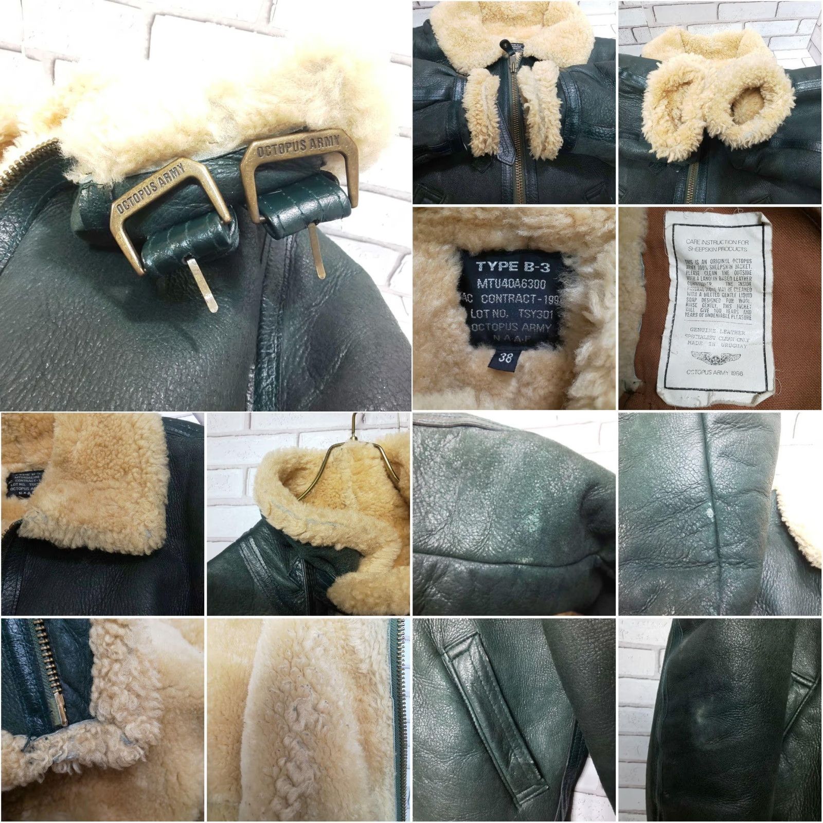 Vintage Octopus Army B-3 Flight Jacket Regular Size 38 Green Sheepskin Mouton Bomber Leather Buckle Collar Full-zip Vintage Mens Size US XXS / EU 40 - 8 Thumbnail