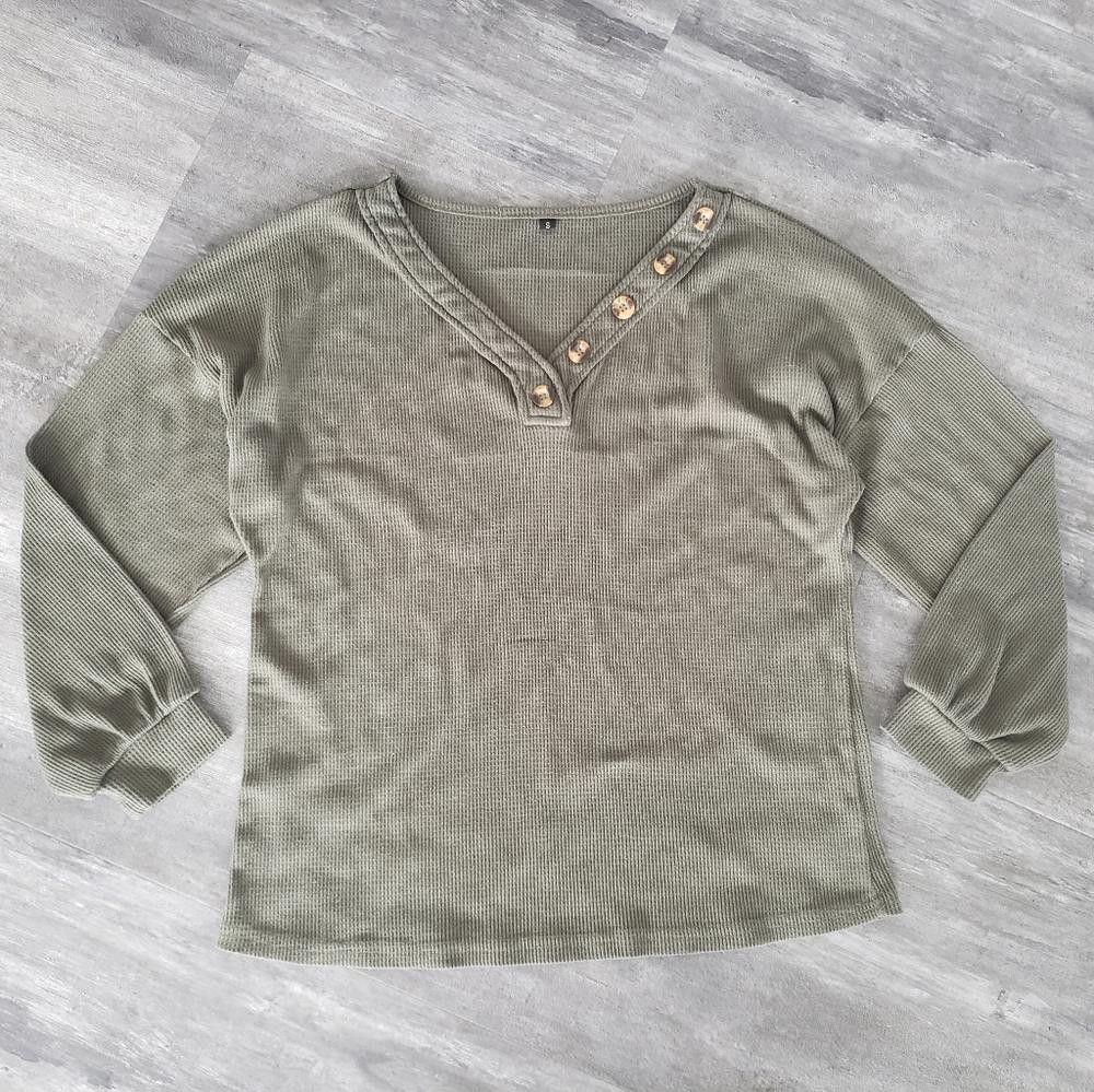 Designer Olive Oversized Button Detailed Thermal Long Sleeve Size S / US 4 / IT 40 - 1 Thumbnail