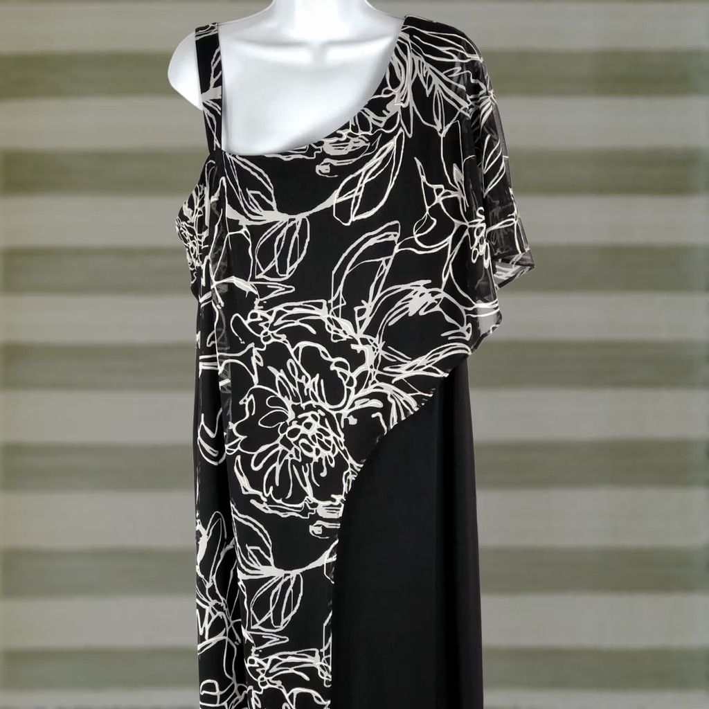Vintage Nwt R&M Richards Caplet Jumpsuit 22W Blk/Wht One Shoulder Cape Short Sleeve Lined Formal Glam Womens Size 40" / US 18 - 1 Thumbnail