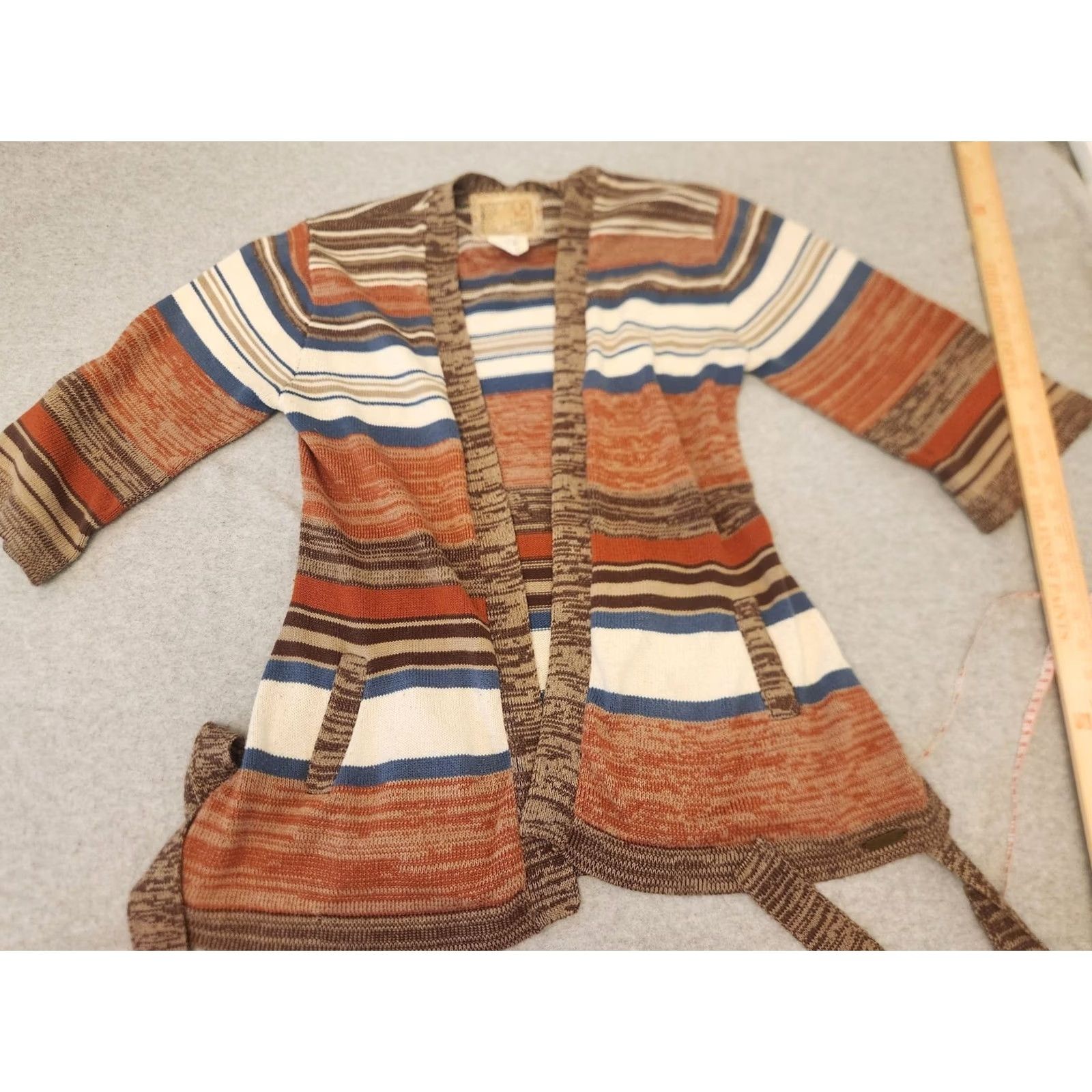 Billabong Vtg Billabong Cardigan Sweater Womens Medium Multicolor Striped 3/4 Sleeve Belted Open Front Pockets Boho Knit Size M / US 6-8 / IT 42-44 - 2 Thumbnail
