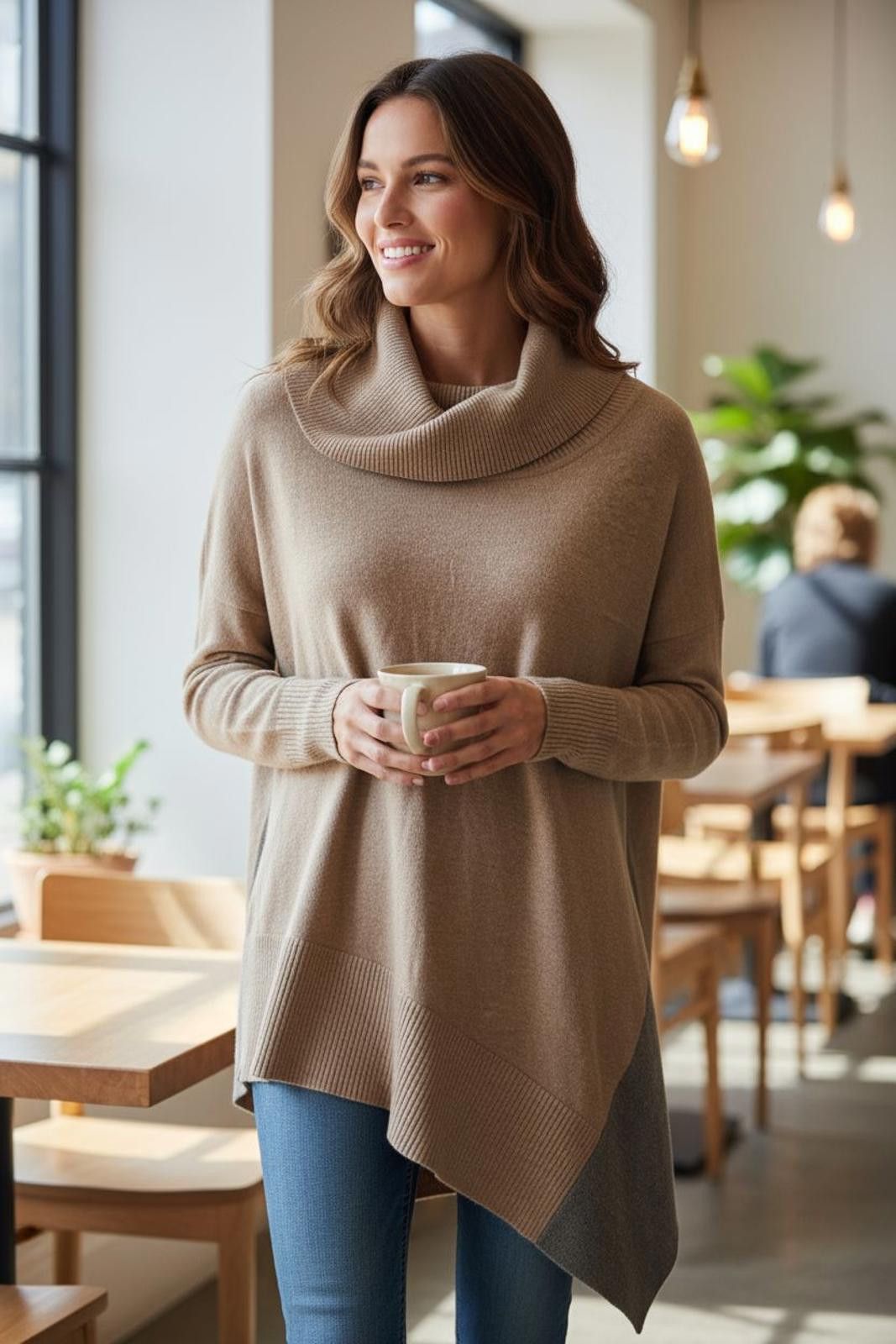 Chicos Chico's Asymmetrical Cowl Neck Sweater in Beige and Gray Size XS / US 0-2 / IT 36-38 - 1 Thumbnail