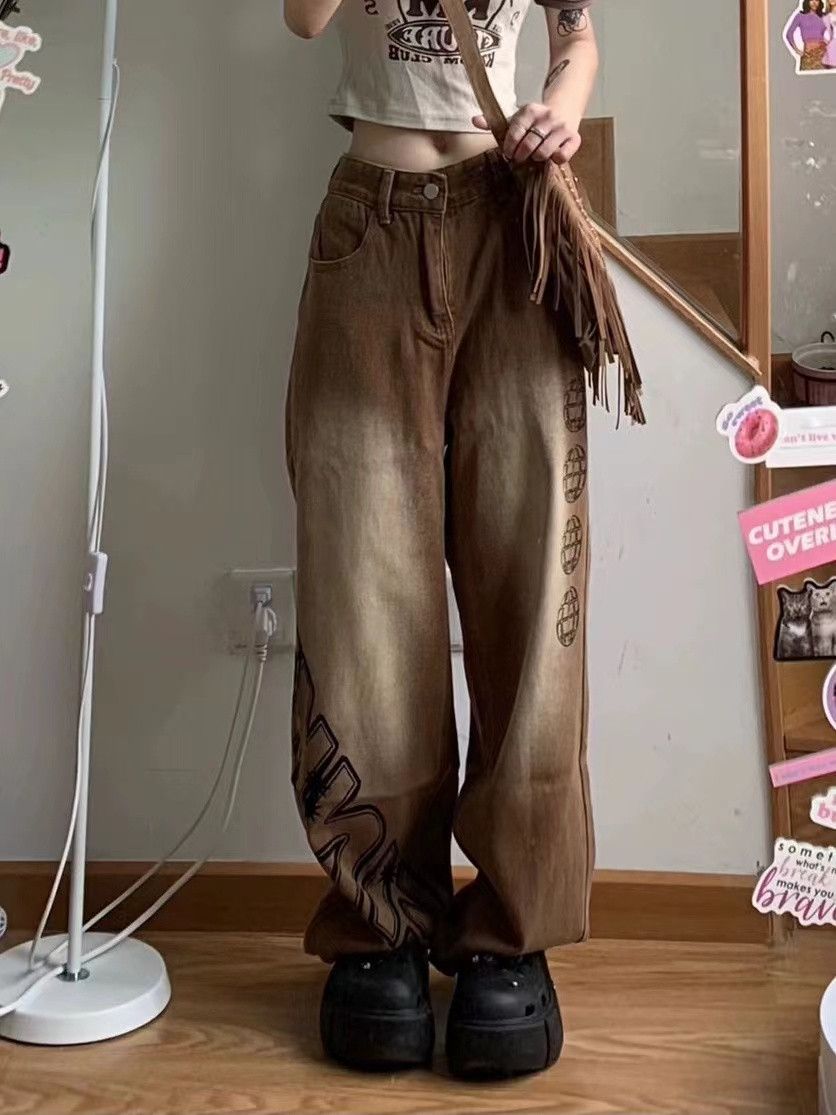 image of Vintage Retro Trendy Wide Leg Leopard Print Jeans in Brown, Women's (Size 27)
