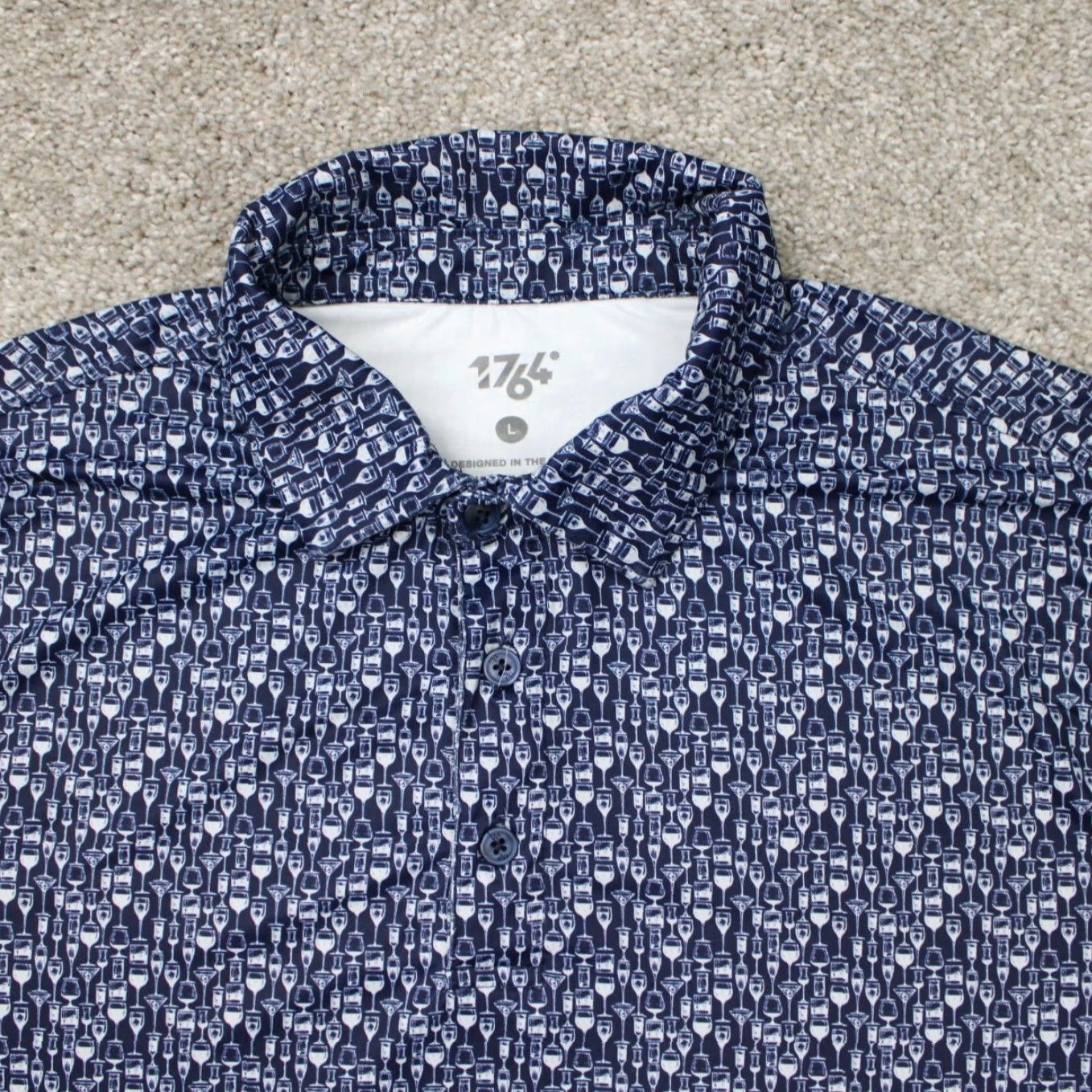 Vintage 1764 Polo Shirt Mens Large Blue Geometric Print Short Sleeve Polo Shirt Large Blue 1764 Sports Golf Casual Men’s Shirt Material Polyester Spandex Size US L / EU 52-54 / 3 - 6 Thumbnail