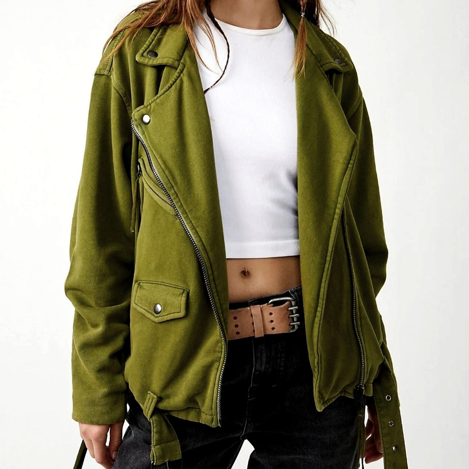 Free People Free People Rebel Knit Oversized Moto Jacket Green - size XL Size XL / US 12-14 / IT 48-50 - 3 Thumbnail