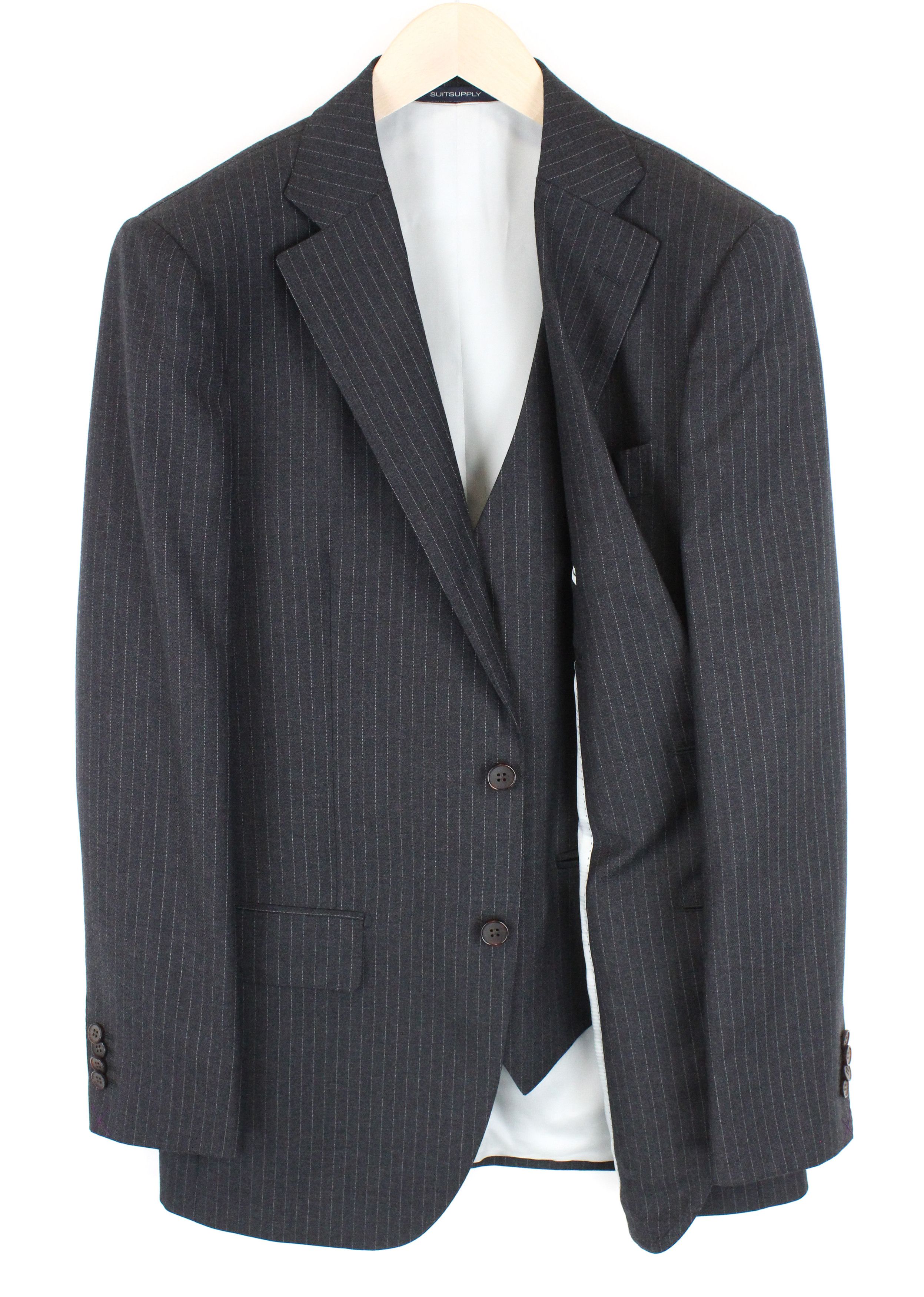 image of Suitsupply Lazio Uk40L Striped Wool Slim Waistcoat Blazer Suit 55158 in Dark Grey, Men's