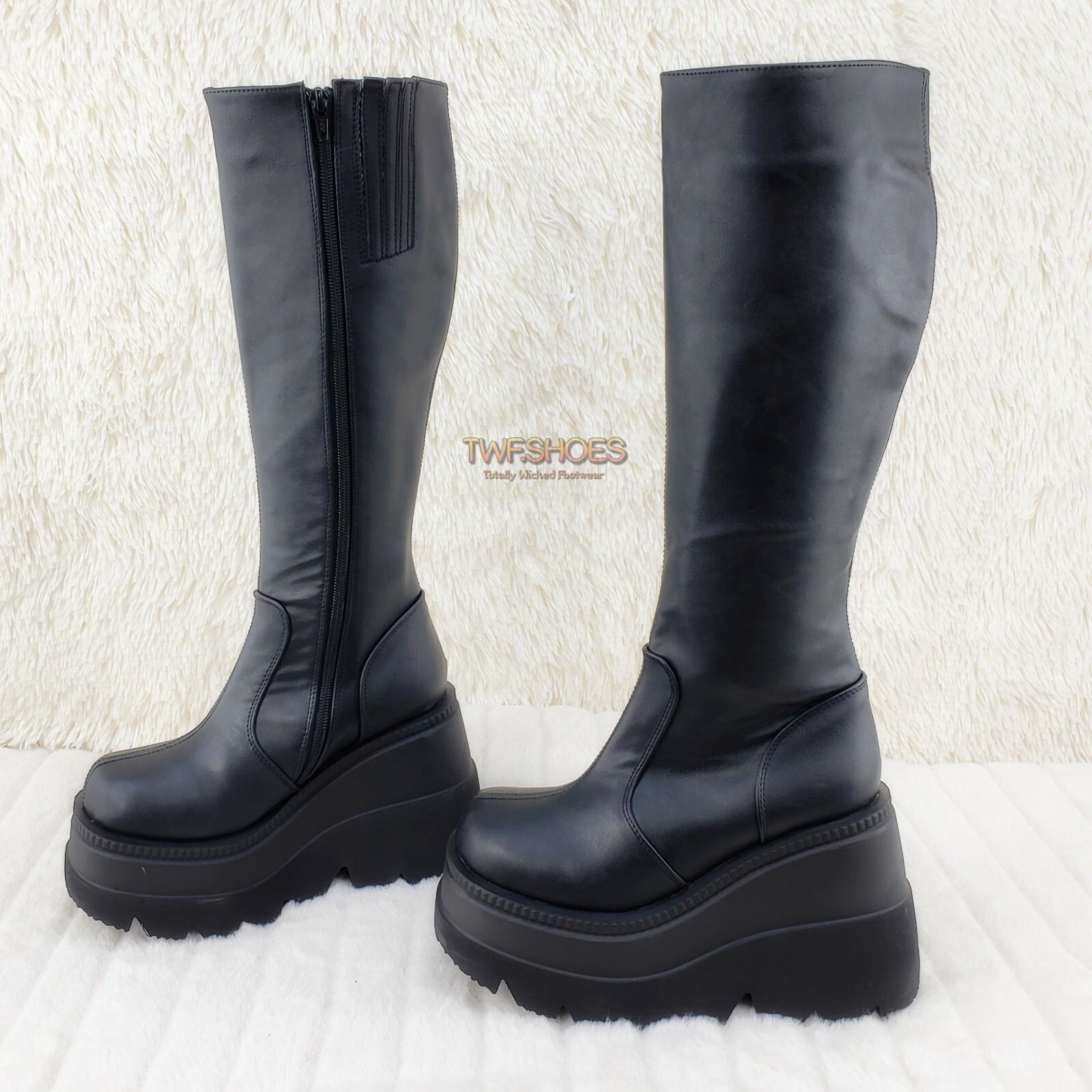 Demonia Cult DEMONIA Shaker 100 Black Matte Platform 4.5" Wedge Heel Knee Size US 10 / IT 40 - 2 Thumbnail