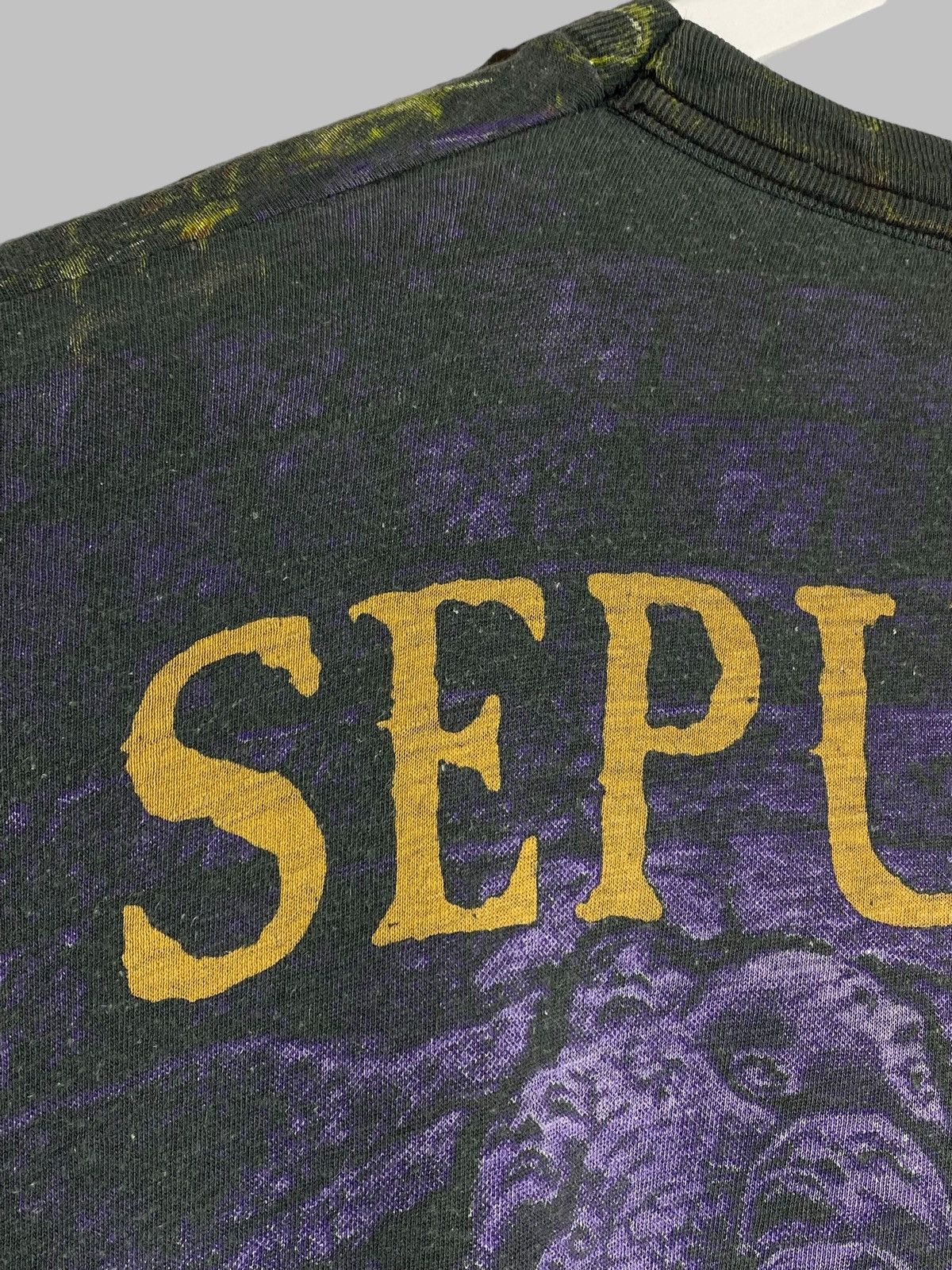 Band Tees Vintage 90s Sepultura All Over Print Blue Grape Tag T-shirt Size US XL / EU 56 / 4 - 14 Thumbnail