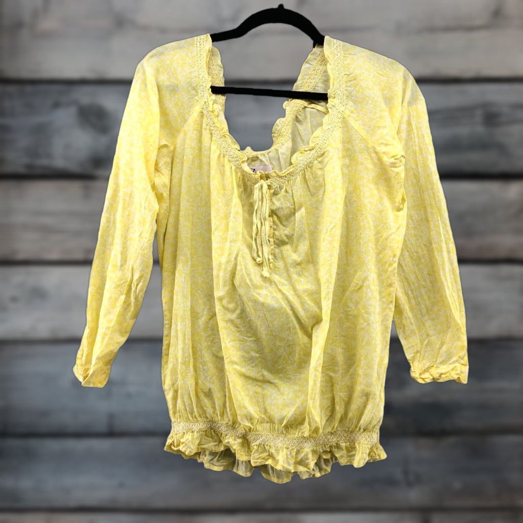 Vintage LTB Blouse Shirt Womens M Yellow Off Shoulder 3/4 Sleeve Lightweight Bohemian Floral Smocked Ruffle Top Size M / US 6-8 / IT 42-44 - 1 Thumbnail