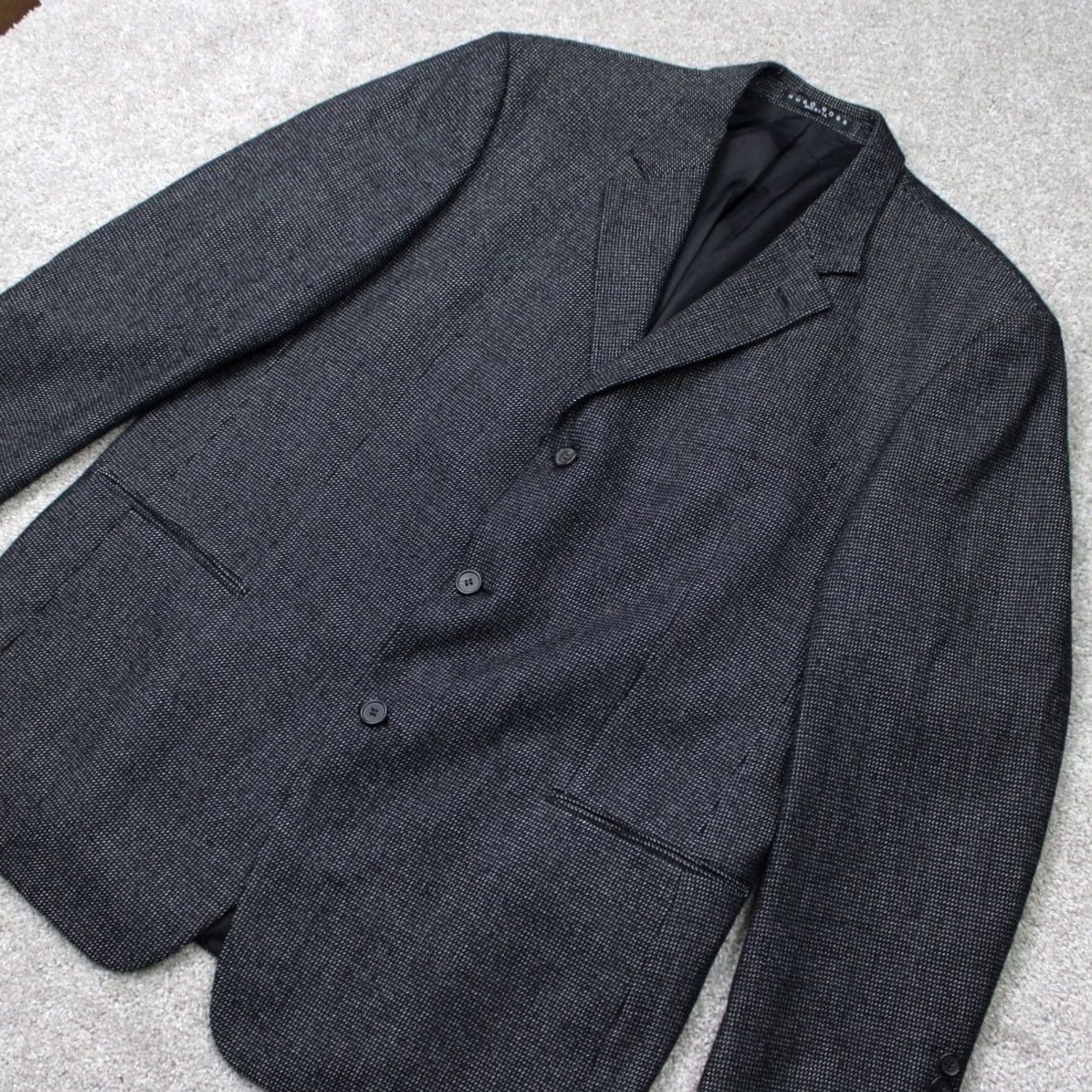 Hugo Boss HUGO BOSS Blazer Mens 44R Black Wool 3 Button Single-Breasted Jacket, Notch Lapel, Tweed, Dry Clean Only, Regular Fit, Vintage? No Size 44R - 3 Thumbnail