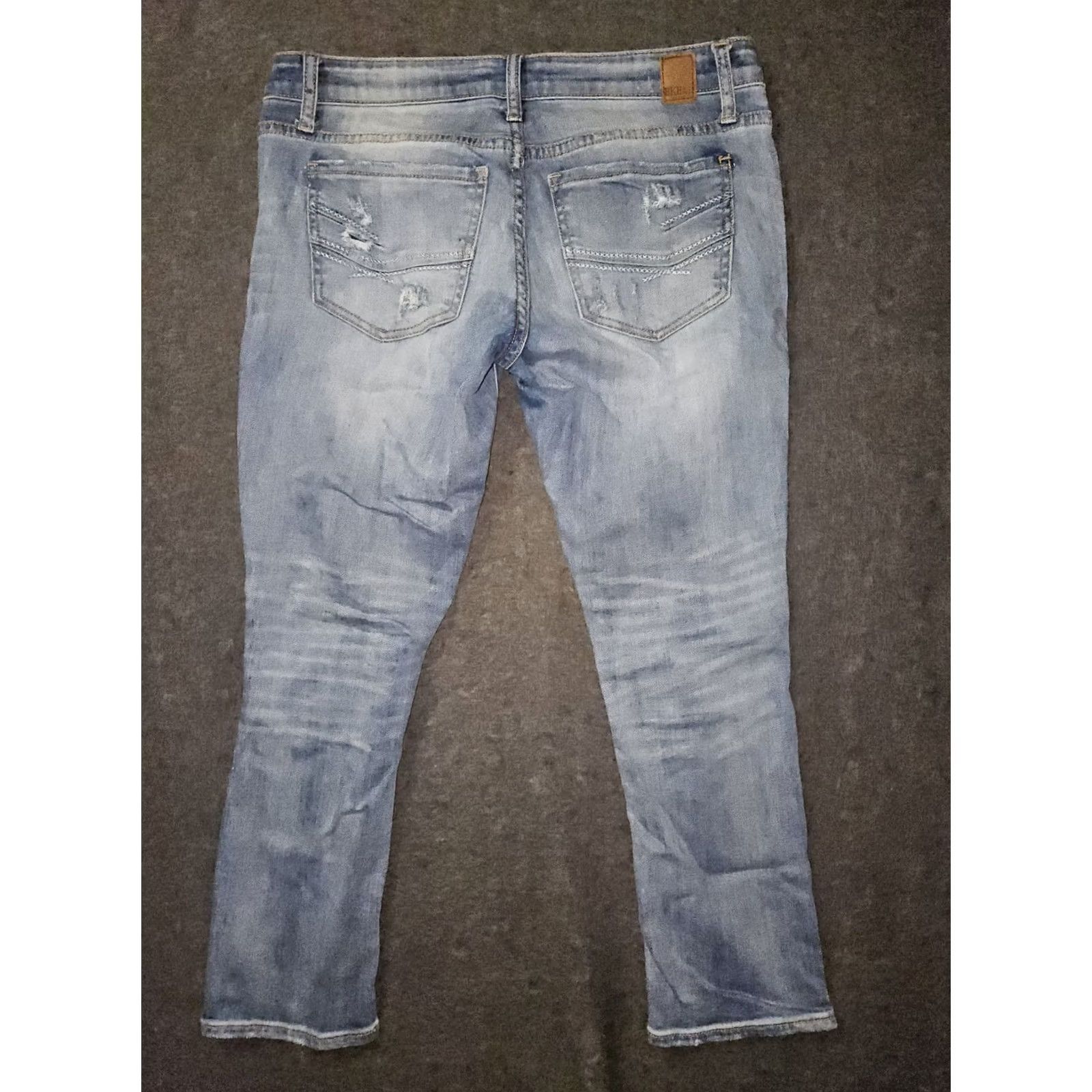 Vintage BKE Stella Cropped Jeans Women's 29 Low Rise Blue Stretch Distressed Preppy Logo Embroidered Button Inseam 25 Denim Size 29" - 6 Thumbnail