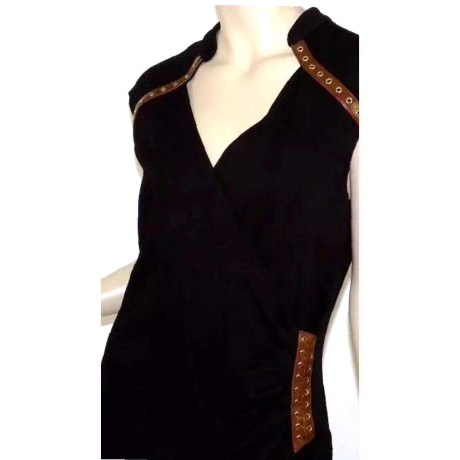 Vintage CACHE BLACK WRAP PONTE DRESS BROWN LACE UP LEATHER TRIM Sexy Steampunk Size 4 S Size S / US 4 / IT 40 - 2 Thumbnail