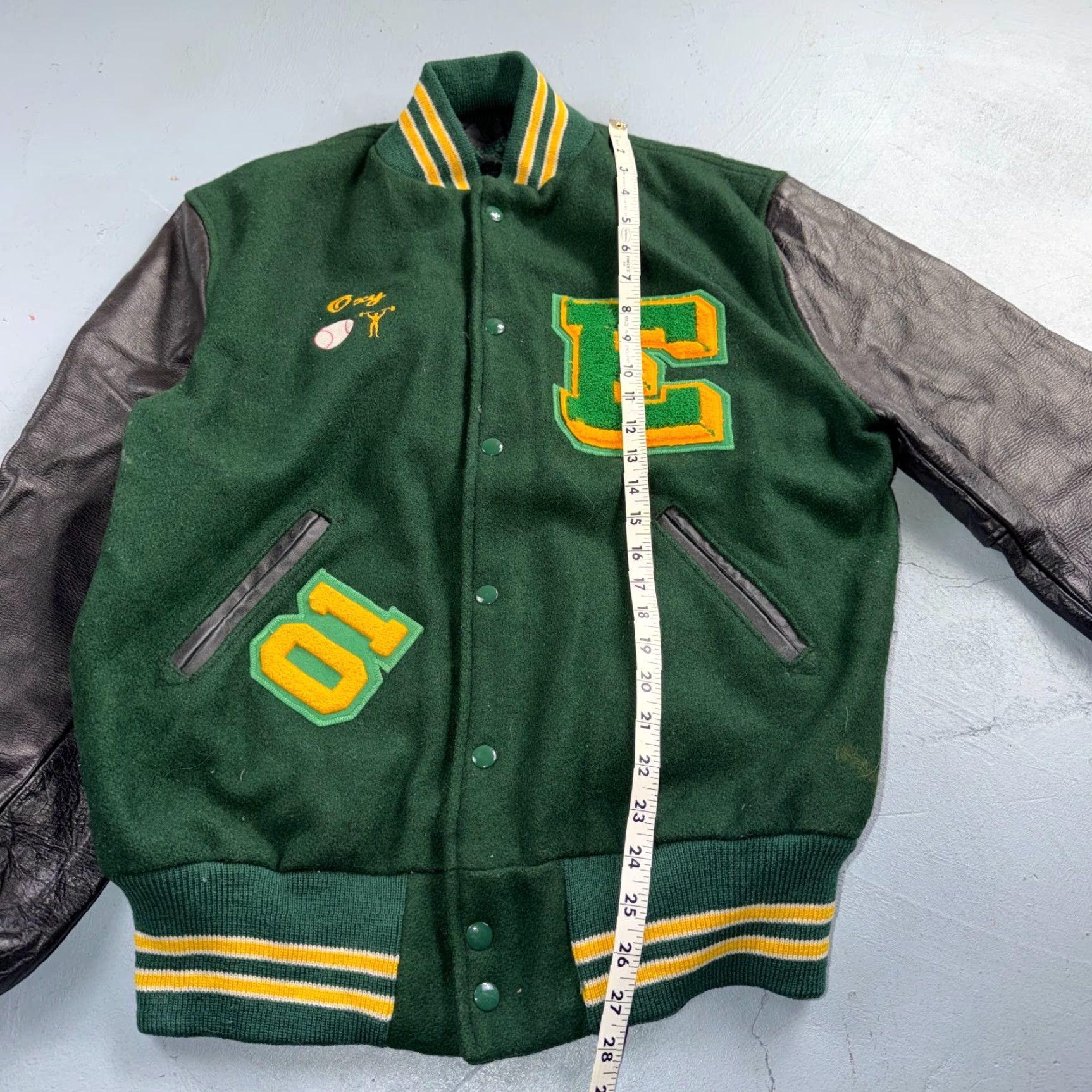 Evergreen VINTAGE Varsity Jacket 44 VTG Green Wool Leather Evergreen Plainsmen Chainstitch Mens Jacket 90s Green Size US S / EU 44-46 / 1 - 5 Thumbnail