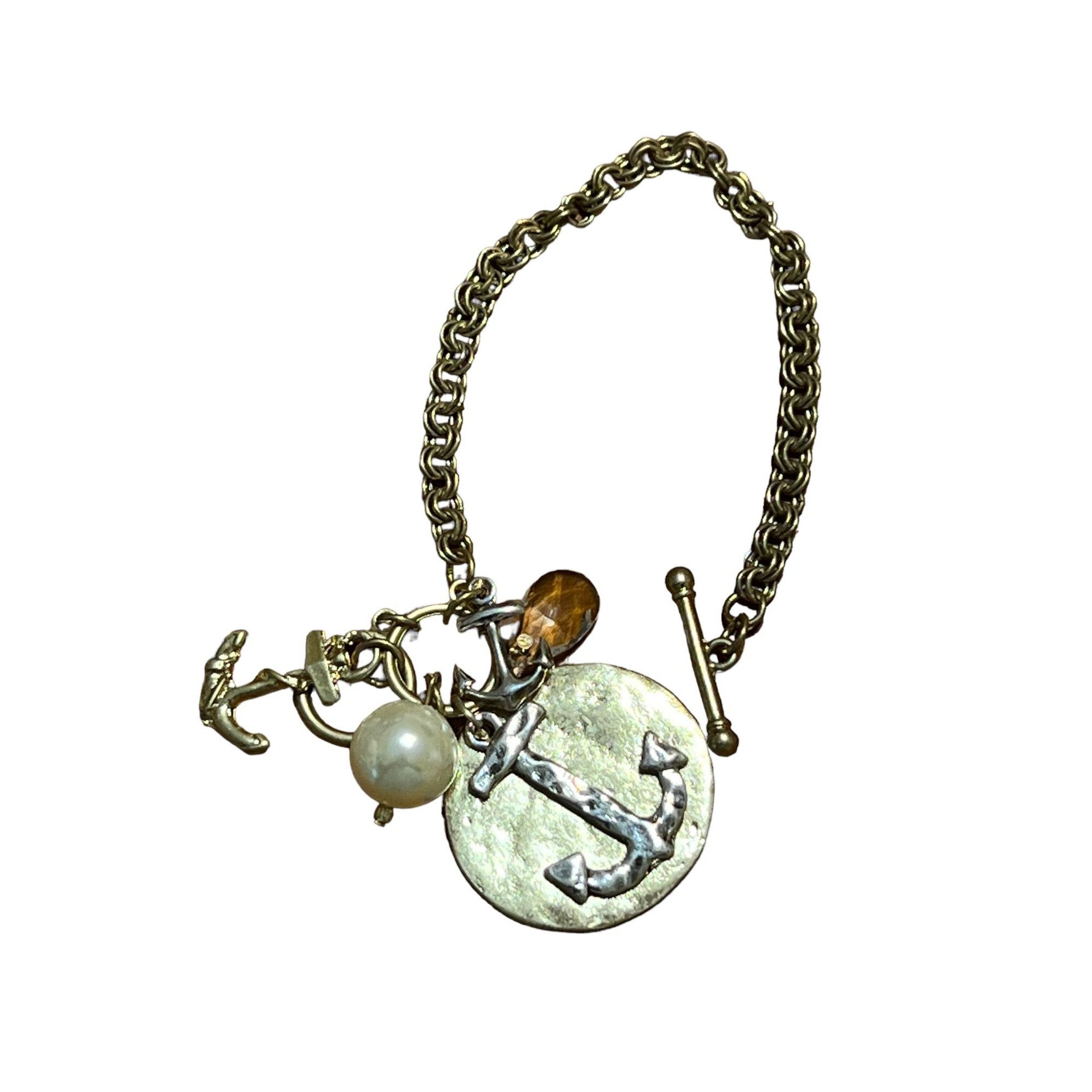Other Gold Tone Nautical Bracelet Anchors Faux Pearl Toggle Clasp Size ONE SIZE - 1 Thumbnail