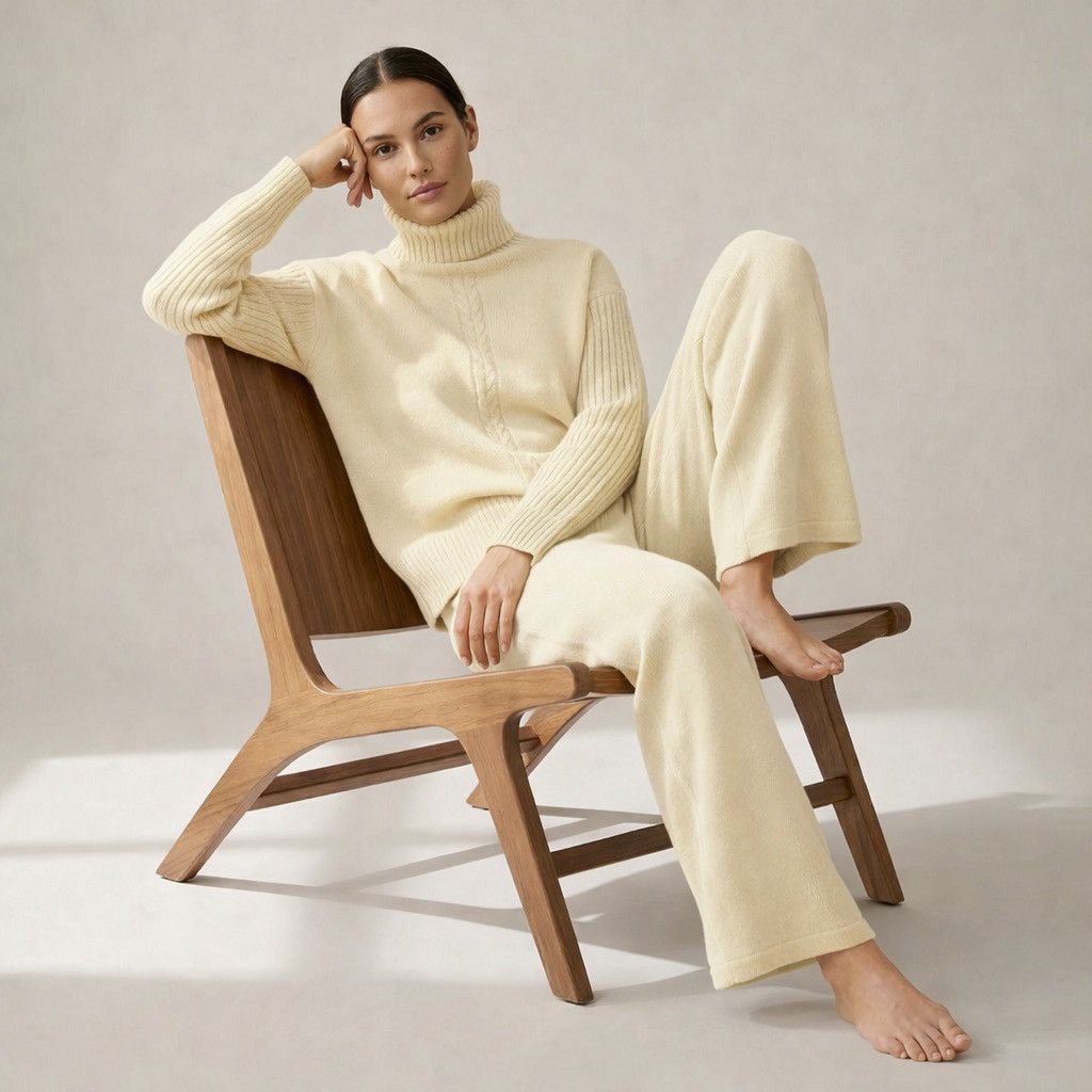 Other Aura Cozy Knit Set Ivory Turtleneck Sweater & Wide-Leg Pants Size ONE SIZE - 1 Thumbnail