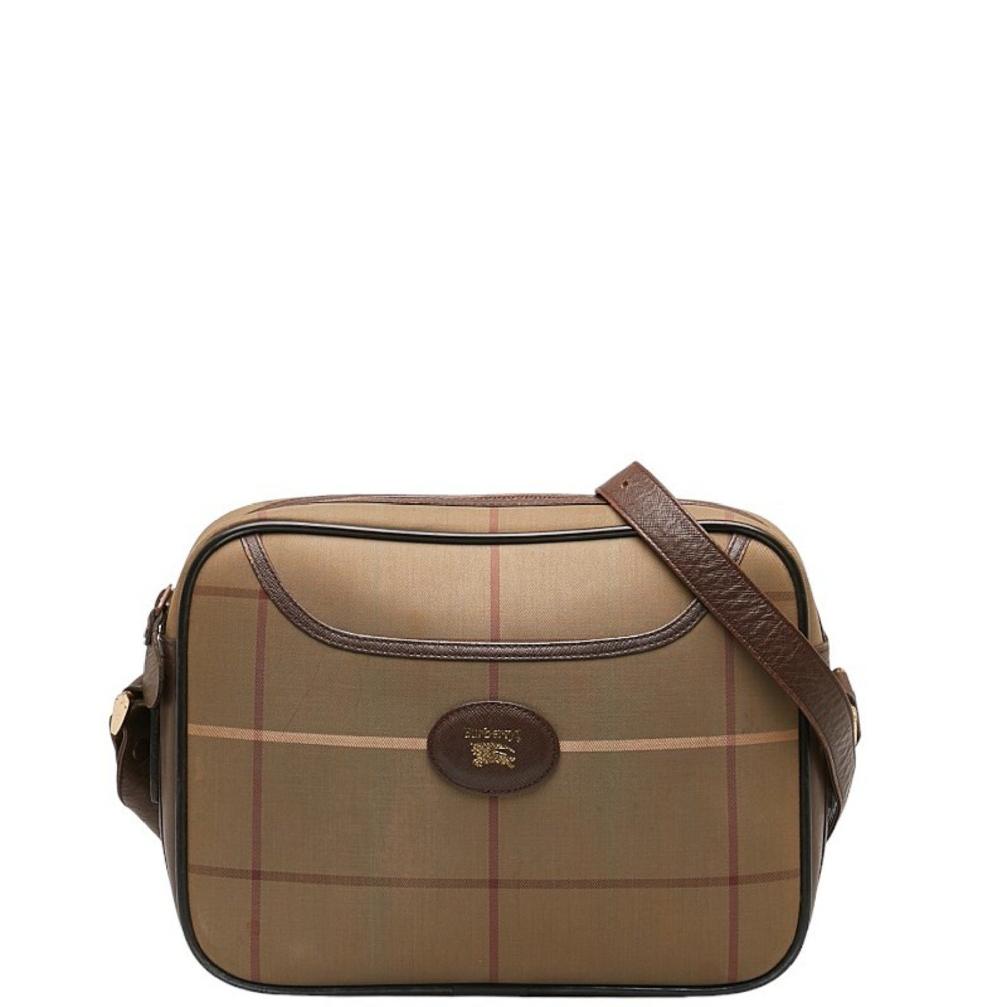 image of Burberry Check Shoulder Bag Khaki Brown Canvas Leather Women's Burberry