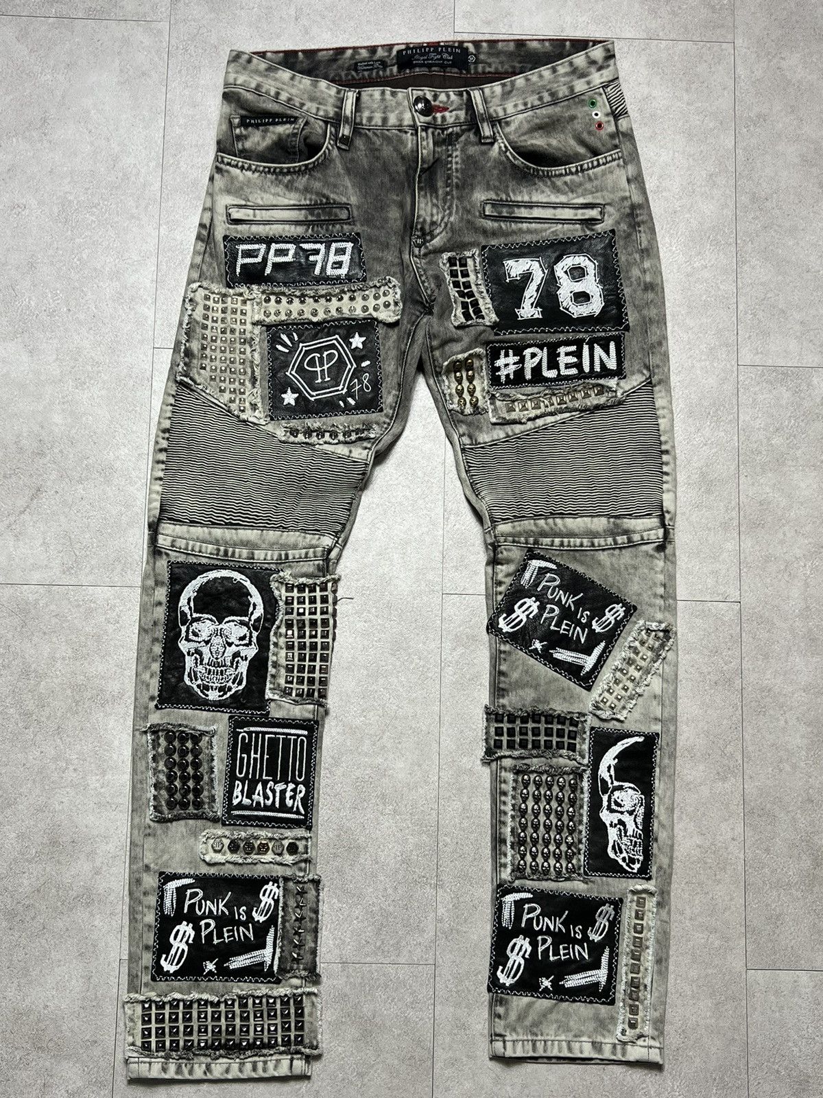 image of Avant Garde x Philipp Plein Super Heavy Philipp Plein Skull Studed Punk Denim Pants in Grey (Size 3