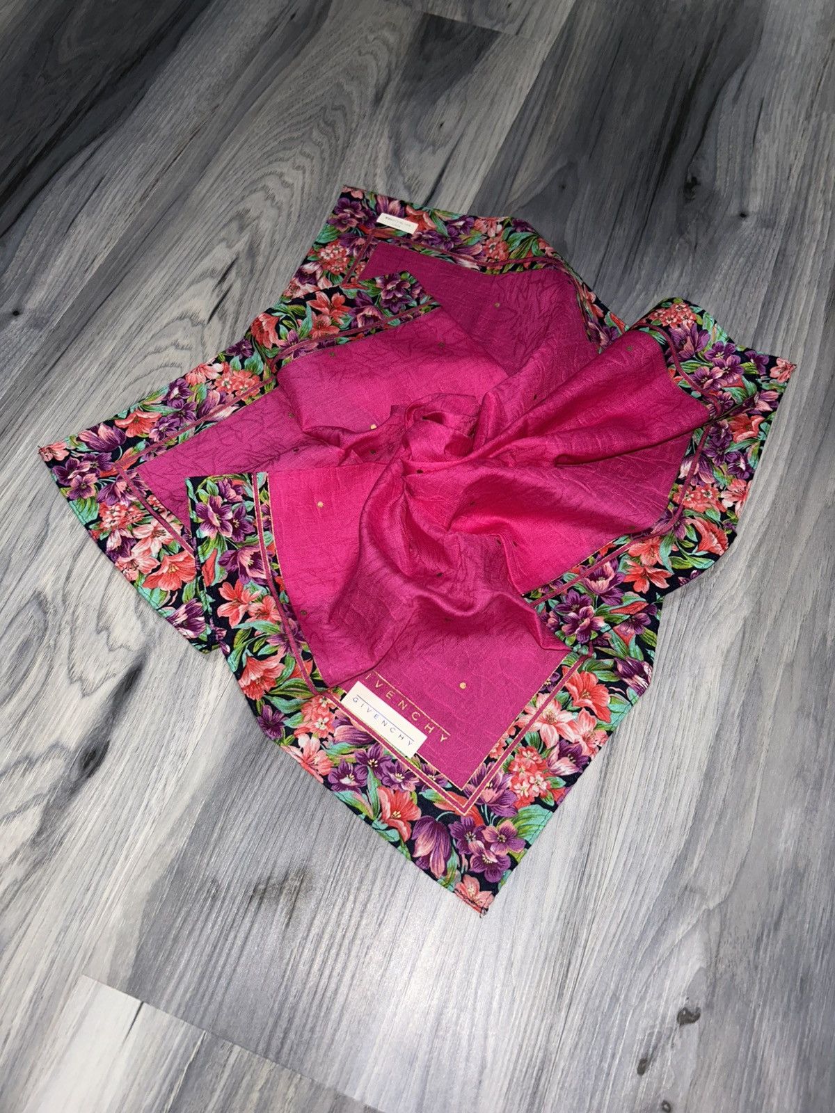 Givenchy Vintage Givenchy Pink Cotton Handkerchief w Floral Border Size ONE SIZE - 1 Thumbnail