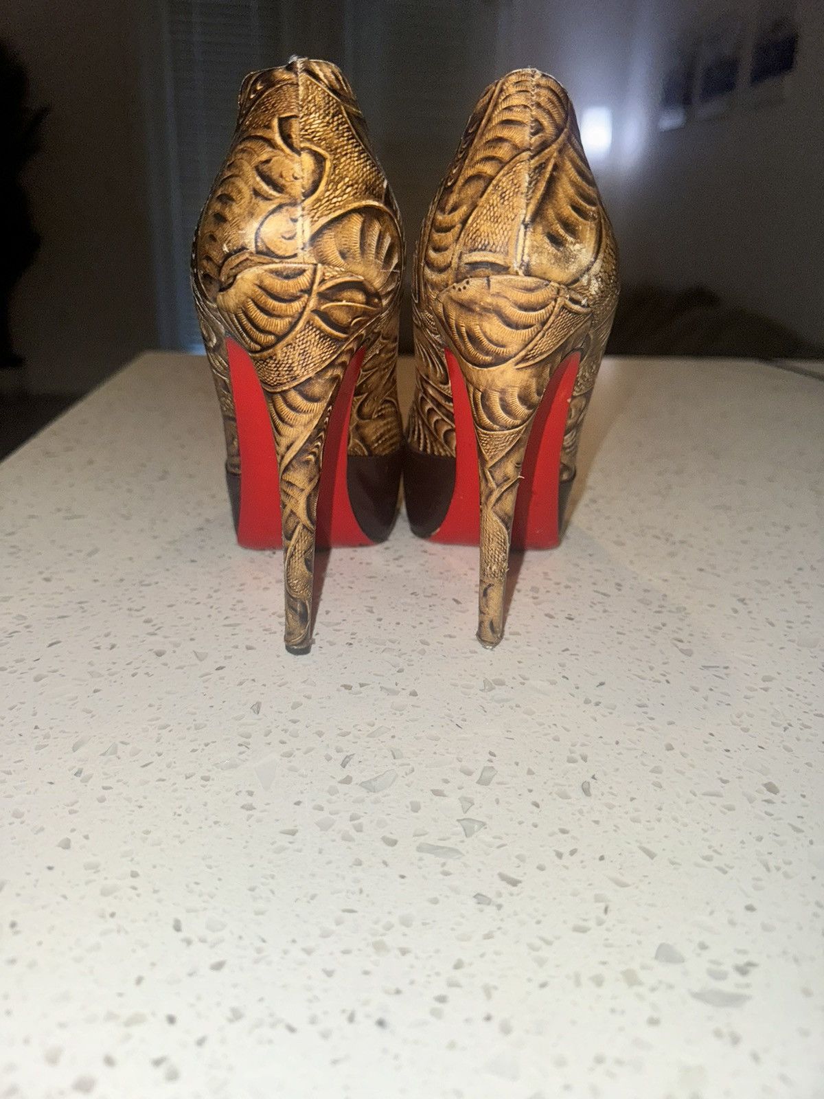 Christian Louboutin Luxurious Gold Embossed Platform Heels w/ Signature Red Sole Size US 7.5 / IT 37.5 - 1 Thumbnail