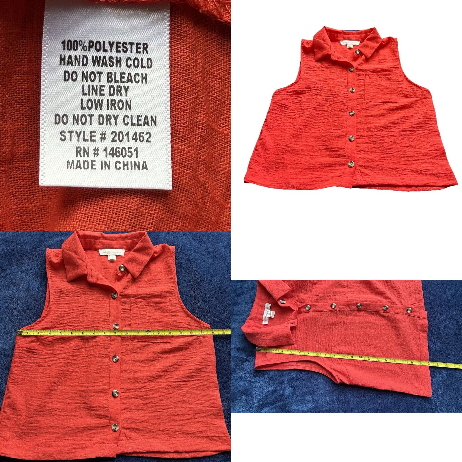 Vintage Monteau Los Angeles Tank Top Shirt Women Medium Coral Sleeveless Button Up Collared Knit Polyester Casual Party/Cocktail Womens Size M / US 6-8 / IT 42-44 - 8 Thumbnail