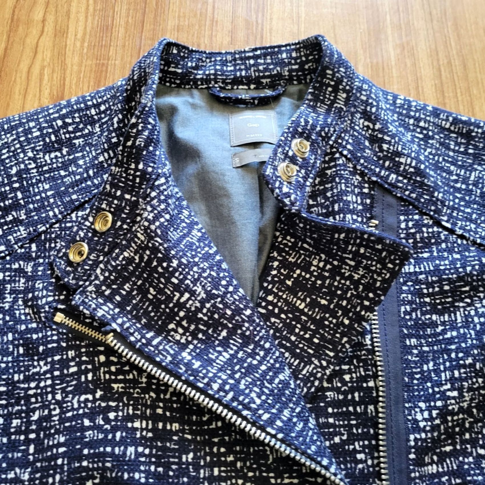 Gap Gap Denim Blue Tweed Moto Jacket - Women Size S, Zip Up, Long Sleeve, Casual Coat Size S / US 4 / IT 40 - 3 Thumbnail