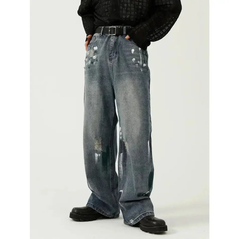 Japanese Brand Retro loose wide leg ripped jeans Size US 32 / EU 48 - 6 Thumbnail