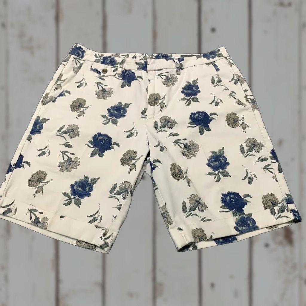 Bonobos Bonobos 32" Blue Floral Hawaiian Flat Front Cotton Shorts Regular Fit Mens Size US 32 / EU 48 - 1 Thumbnail