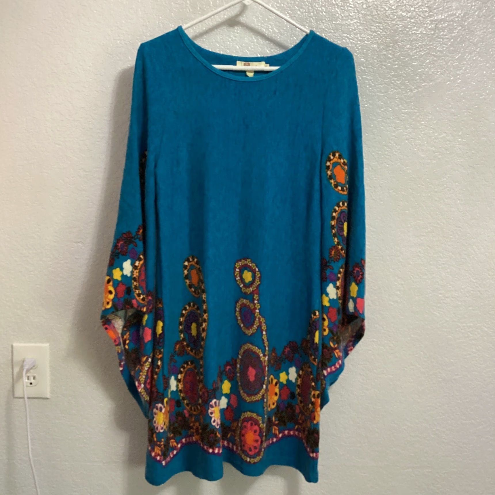 Anthropologie Aryeh Anthropologie Sweater Dress Women M Blue Flowers Flare Sleeve Boho Retro Knee Length Knit Pullover Size M Blue Womens Dress } Size M / US 6-8 / IT 42-44 - 2 Thumbnail