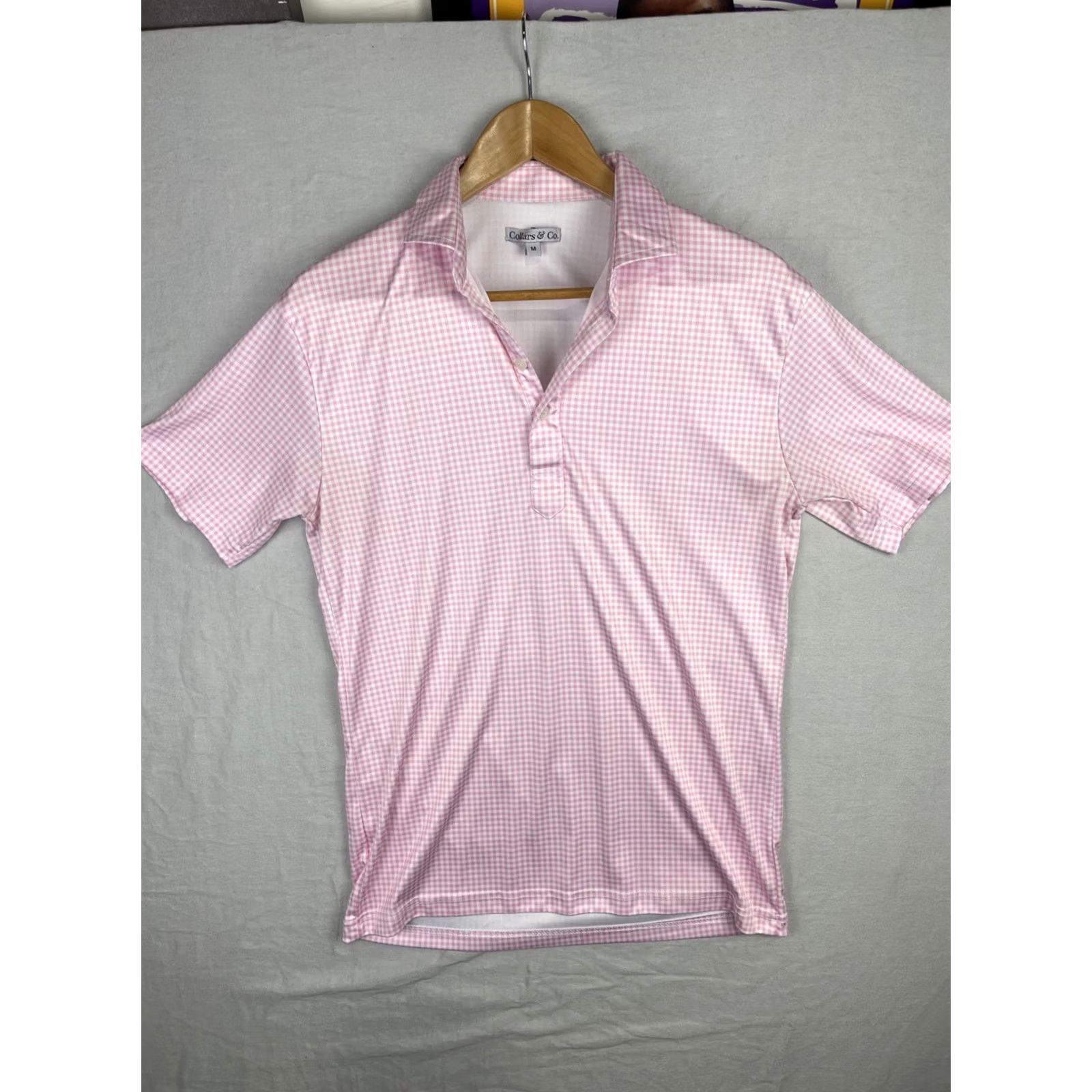 CO Collars & Co Polo Shirt Mens Medium Pink Gingham Check Dress Collar Button Up Shirt Size 40R - 2 Thumbnail