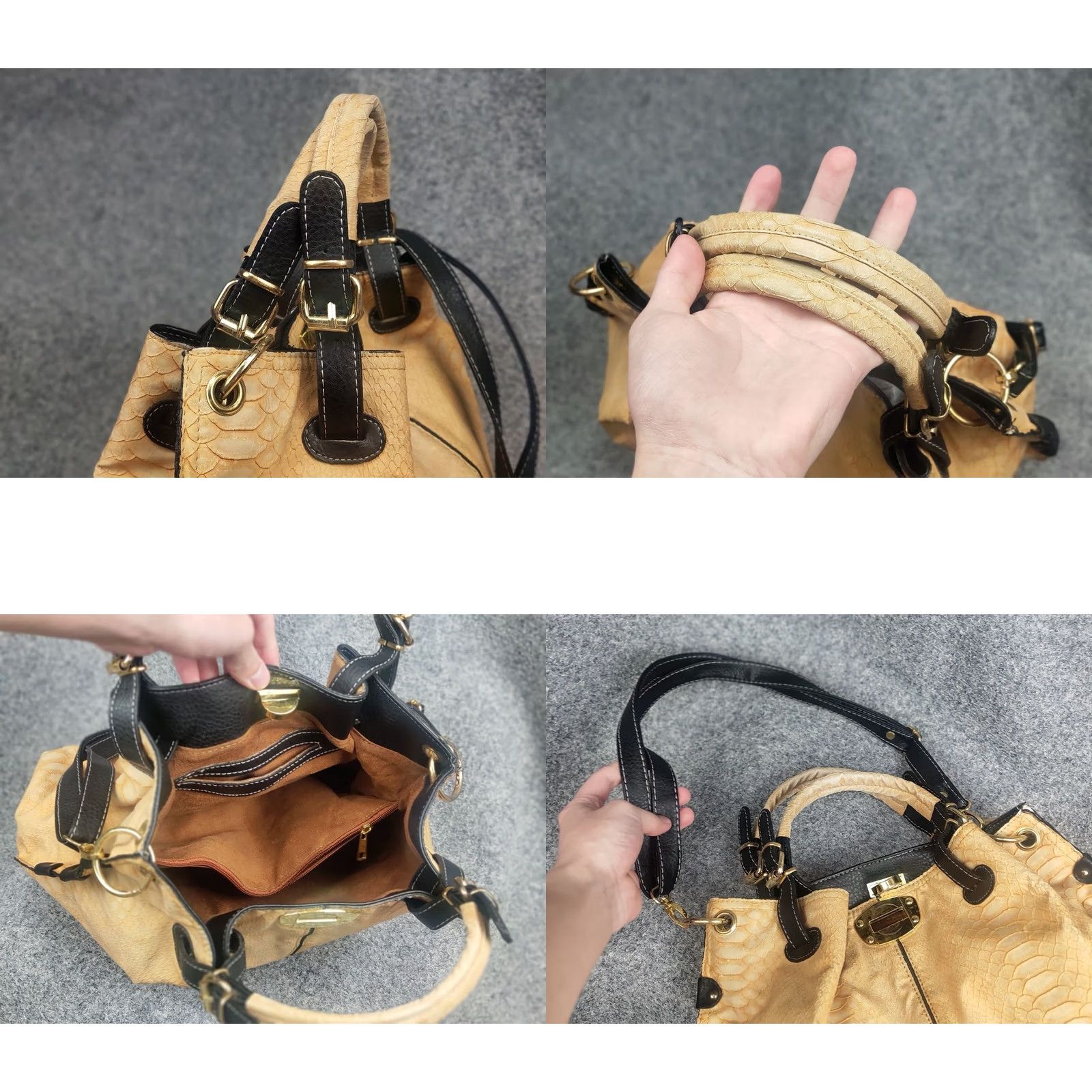 Logo 7 VINTAGE Chloe Style Logo beige bag with snakeskin texture and black handles Y2K Bag Size ONE SIZE - 9 Thumbnail