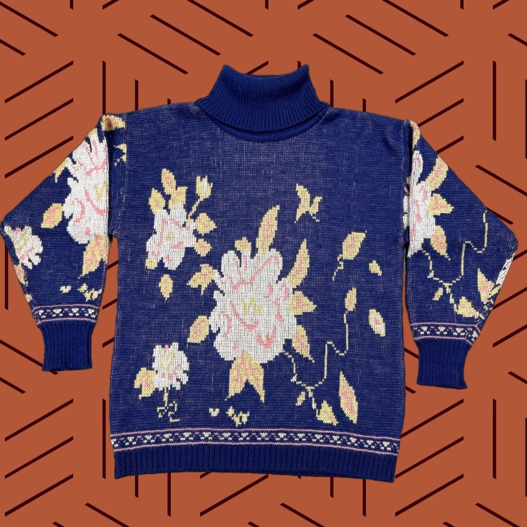 Vintage VINTAGE Hewlett Boho Floral Turtleneck Knit Sweater Womens Medium Blue 70s Size M / US 6-8 / IT 42-44 - 1 Thumbnail