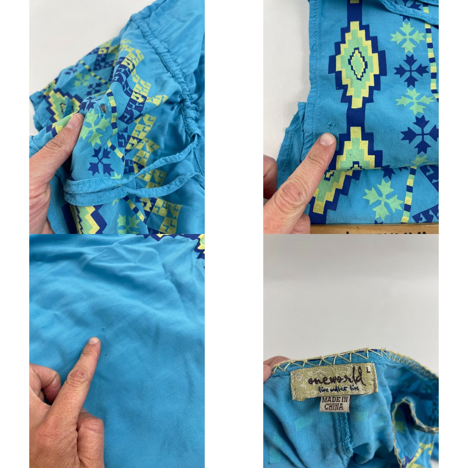 Vintage One World Swim Cover Boho Women's Large Long Sleeve V-Neck Waist Drawstring Shirt Size L / US 10 / IT 46 - 8 Thumbnail