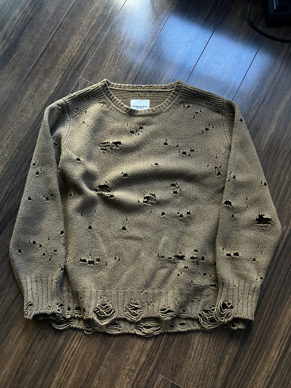 image of Takahiromiyashita The Soloist Grunge Distressed Cashmere Knit in Beige, Men's (Size Small)