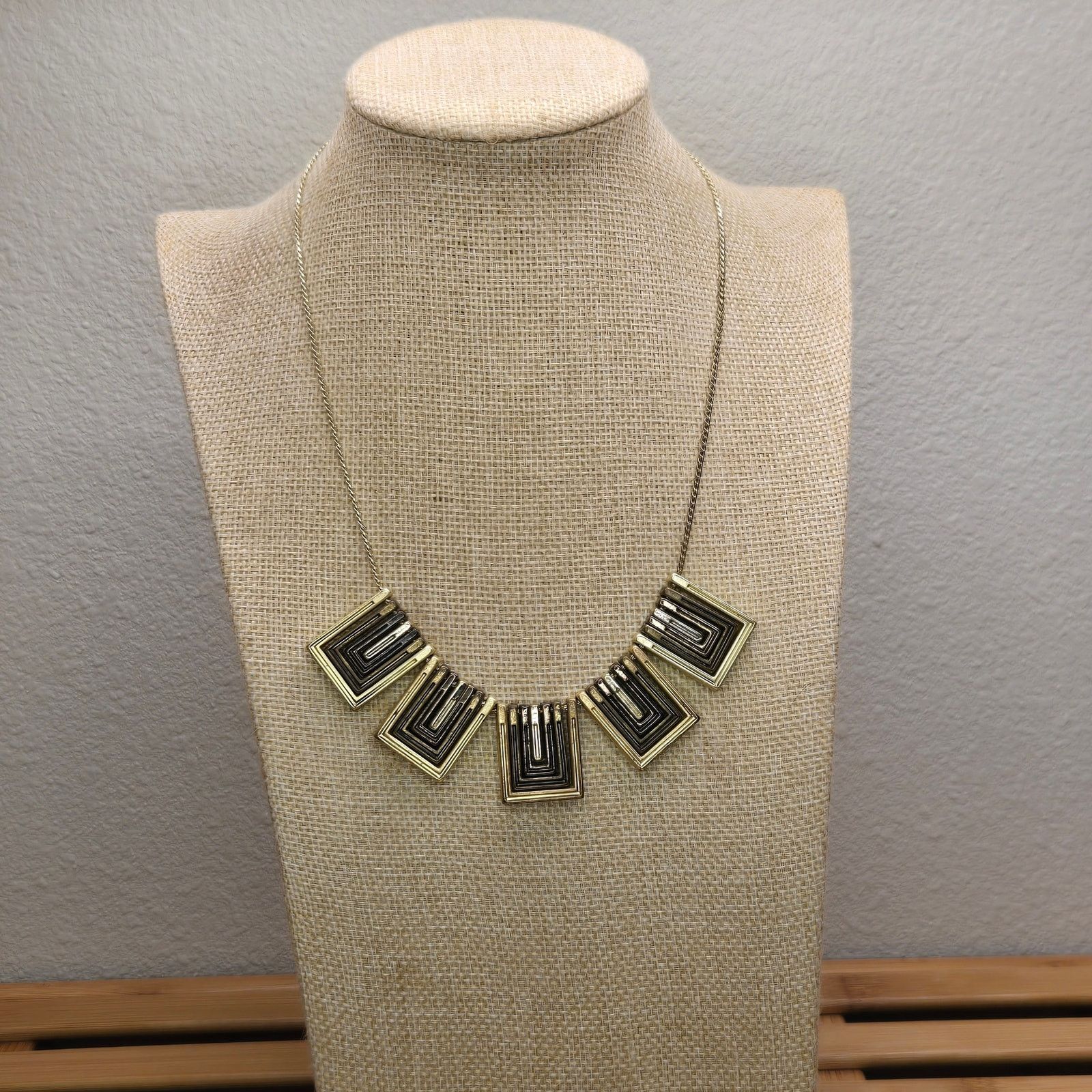 Ann Taylor Gold & Black Geometric Bib Statement Necklace Metallic Glam Size ONE SIZE - 4 Thumbnail