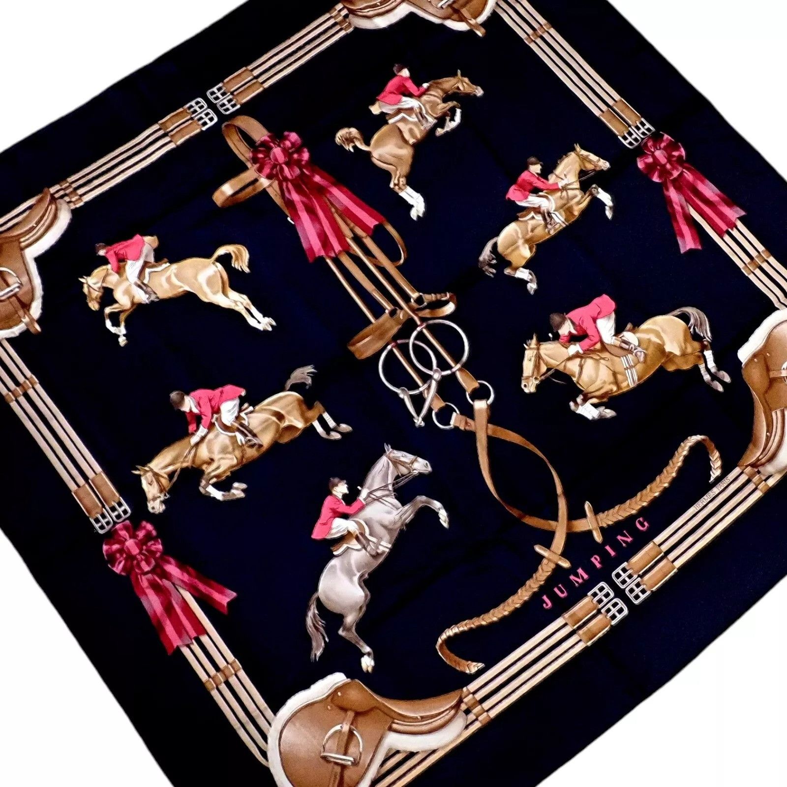 Hermes Hermes Navy Blue Jumping Equestrian Vintage 90cm Silk Scarf Size ONE SIZE - 5 Thumbnail