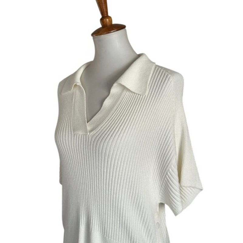 Rag & Bone Rag & Bone Ribbed Knit Polo Top Cream Viscose Johnny Collar Size S / US 4 / IT 40 - 3 Thumbnail