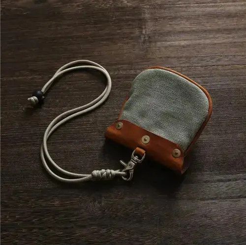 Genuine Leather × Japanese Brand Handmade Small Canvas Leather Coin Pouch Bag With Lanyard Size ONE SIZE - 3 Thumbnail