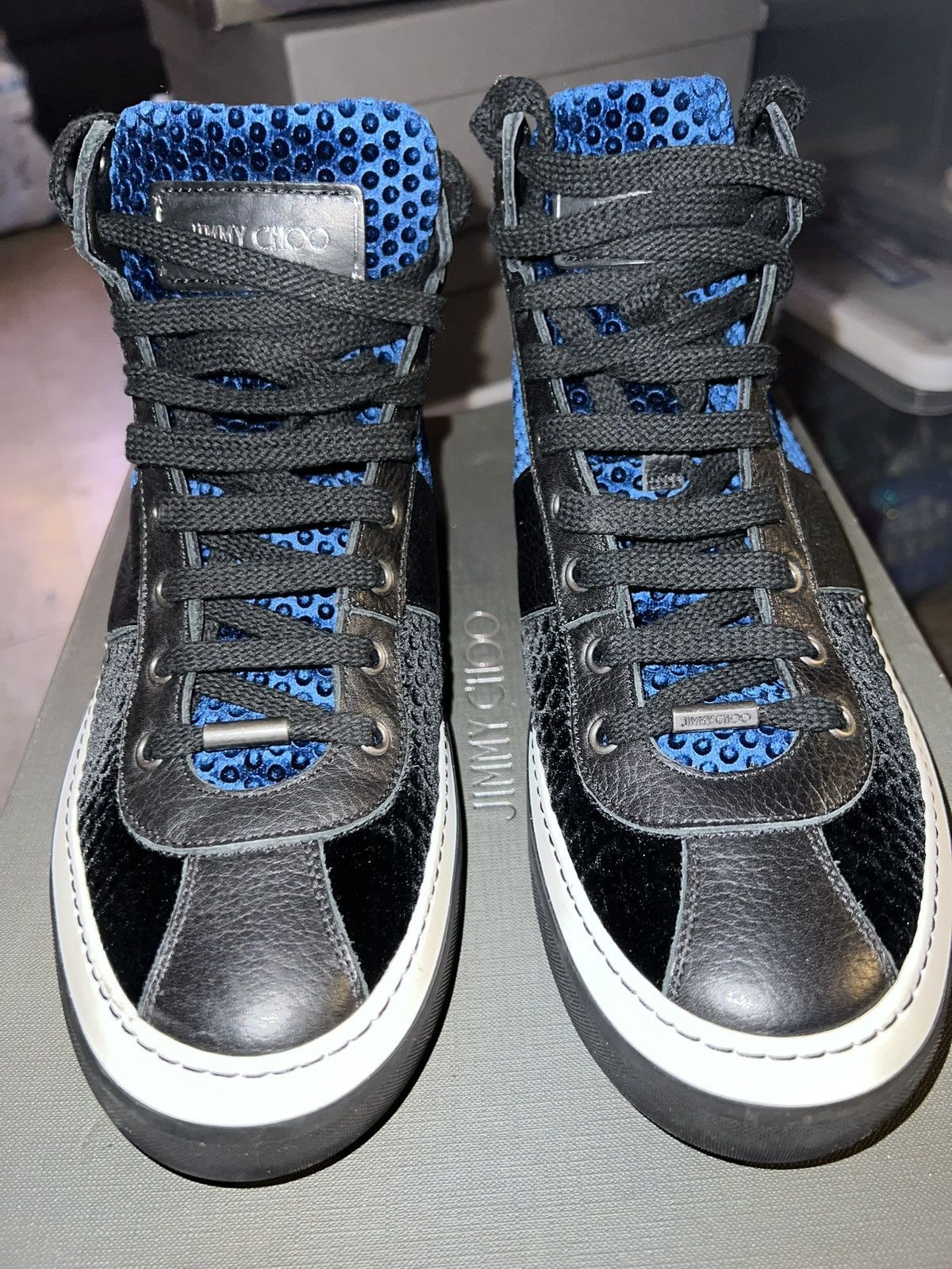 Jimmy Choo Jimmy Choo Black/Blue Leather and Velvet High Top Sneakers Size US 10 / EU 43 - 1 Thumbnail