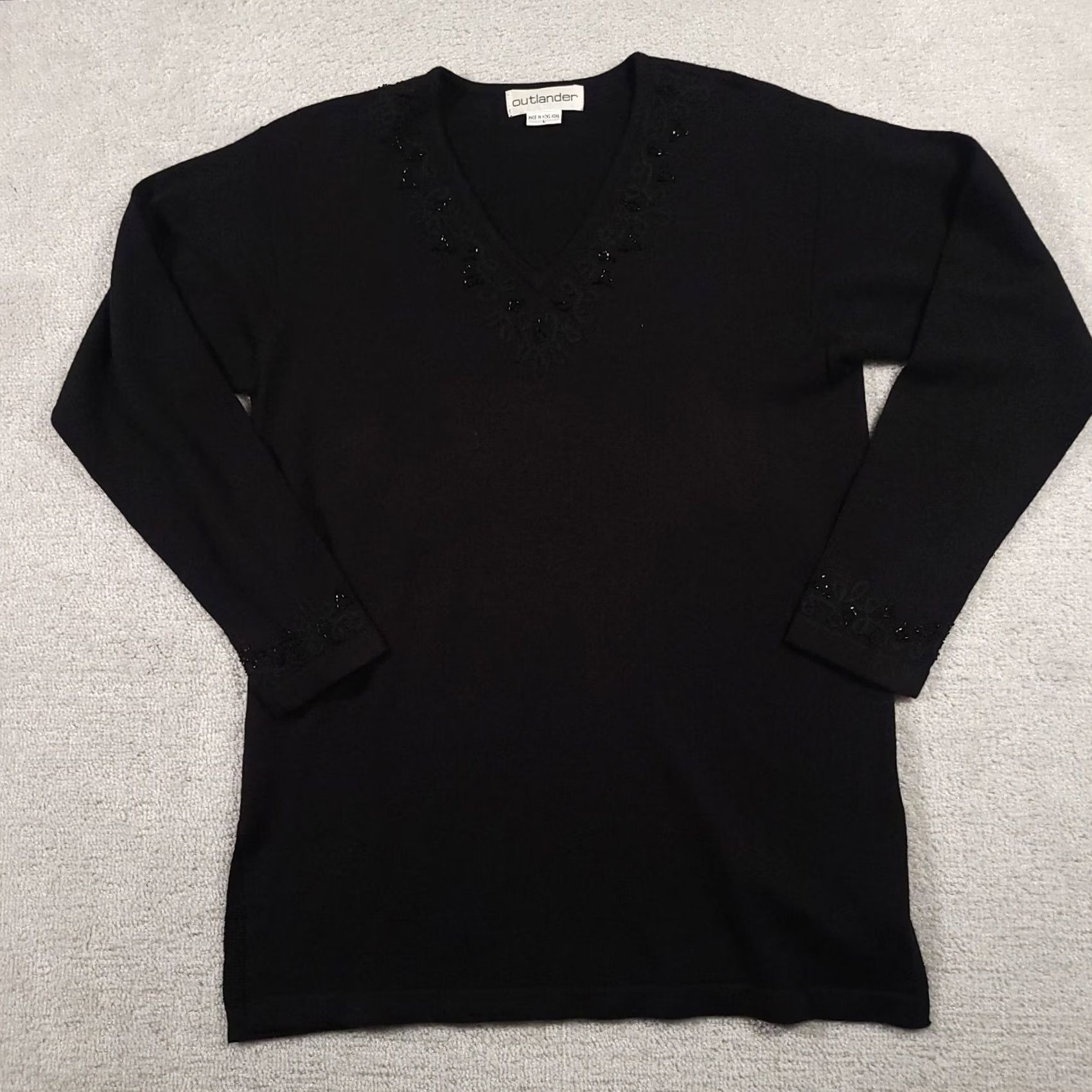 Vintage VINTAGE Outlander Sweater Women's Large Black V-Neck Sequin Beaded Knit Long Sleeve Pullover 80s 90s Party/Cocktail Casual Size L / US 10 / IT 46 - 2 Thumbnail
