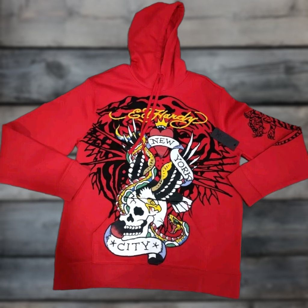 Ed Hardy Ed Hardy Men’s Hoodie Pullover New York Skull Snake Eagle Tiger Red Size L NWT Size US L / EU 52-54 / 3 - 1 Thumbnail