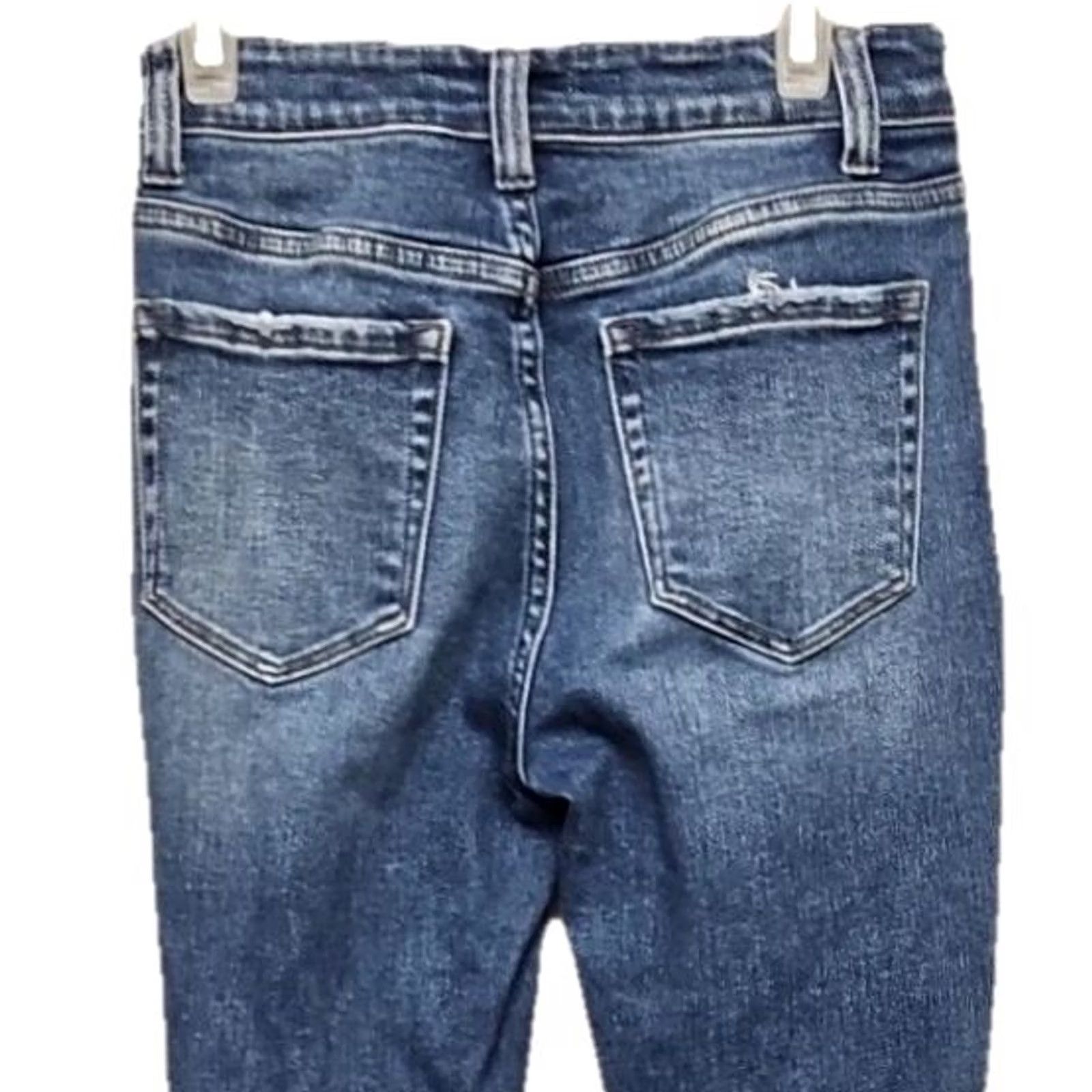 Vintage Zenana Womens High Rise Flare Jeans Size 24 Button Fly Distressed Stretch Denim Blue 29 Inseam Regular Rise Jeans Womens 24 Regular XS? Size 42" / US 20 - 5 Thumbnail