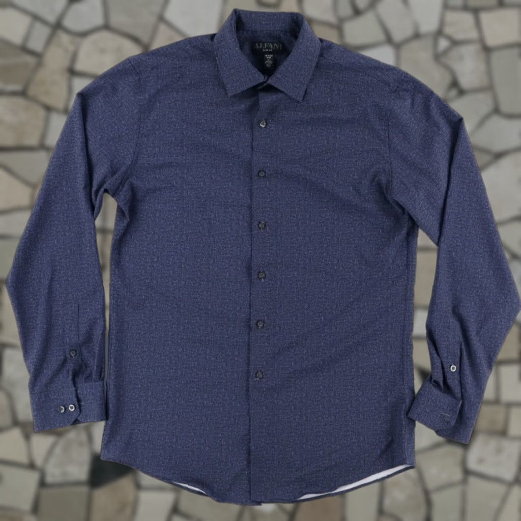 Alfani Alfani Performance Slim Fit Stretch Button Up Shirt Navy Men's L Size US L / EU 52-54 / 3 - 1 Thumbnail
