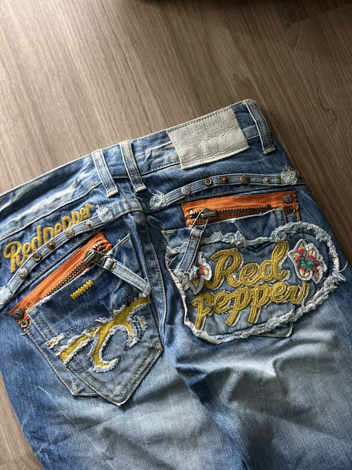 Japanese Brand Red Pepper Jeans Embroidered Skull Patch Distres Denim Flare Size US 29 - 7 Thumbnail
